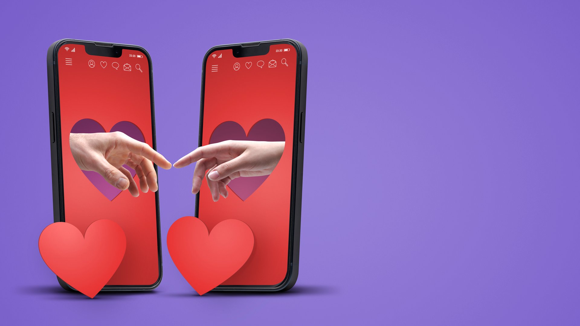 Matching partners meeting online on a dating app, they are reaching out for each other, blank copy space
