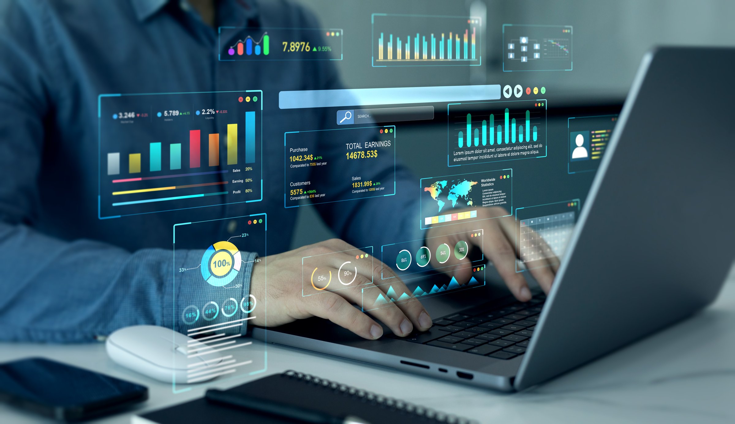 Businessman using KPI dashboard.Financial business data analytics graph dashboard. Management data System KPI connected in database for follow earnings,operations and sales data
