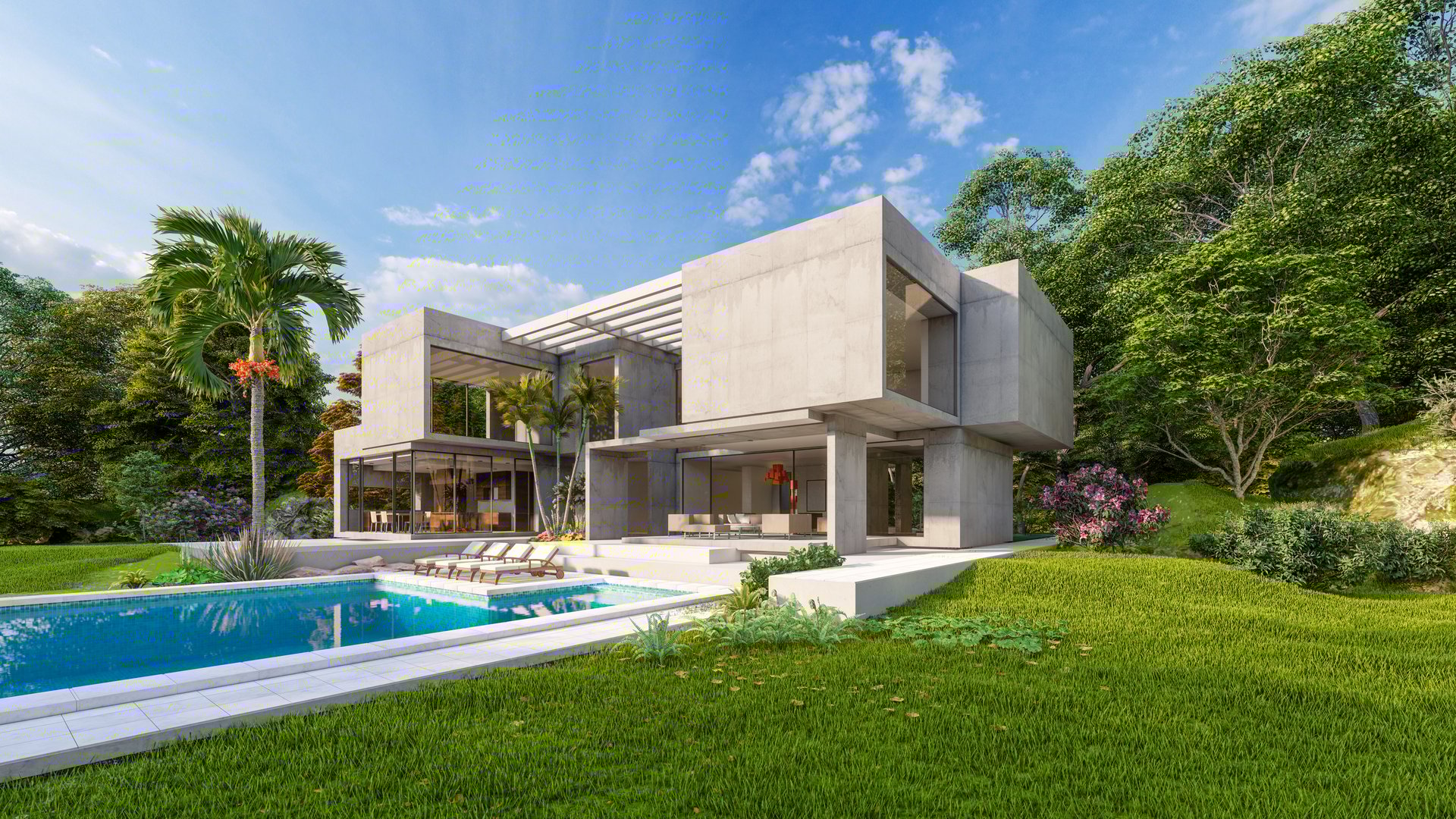 3D rendering of an impressive contemporary villa in exposed cement with garden and pool