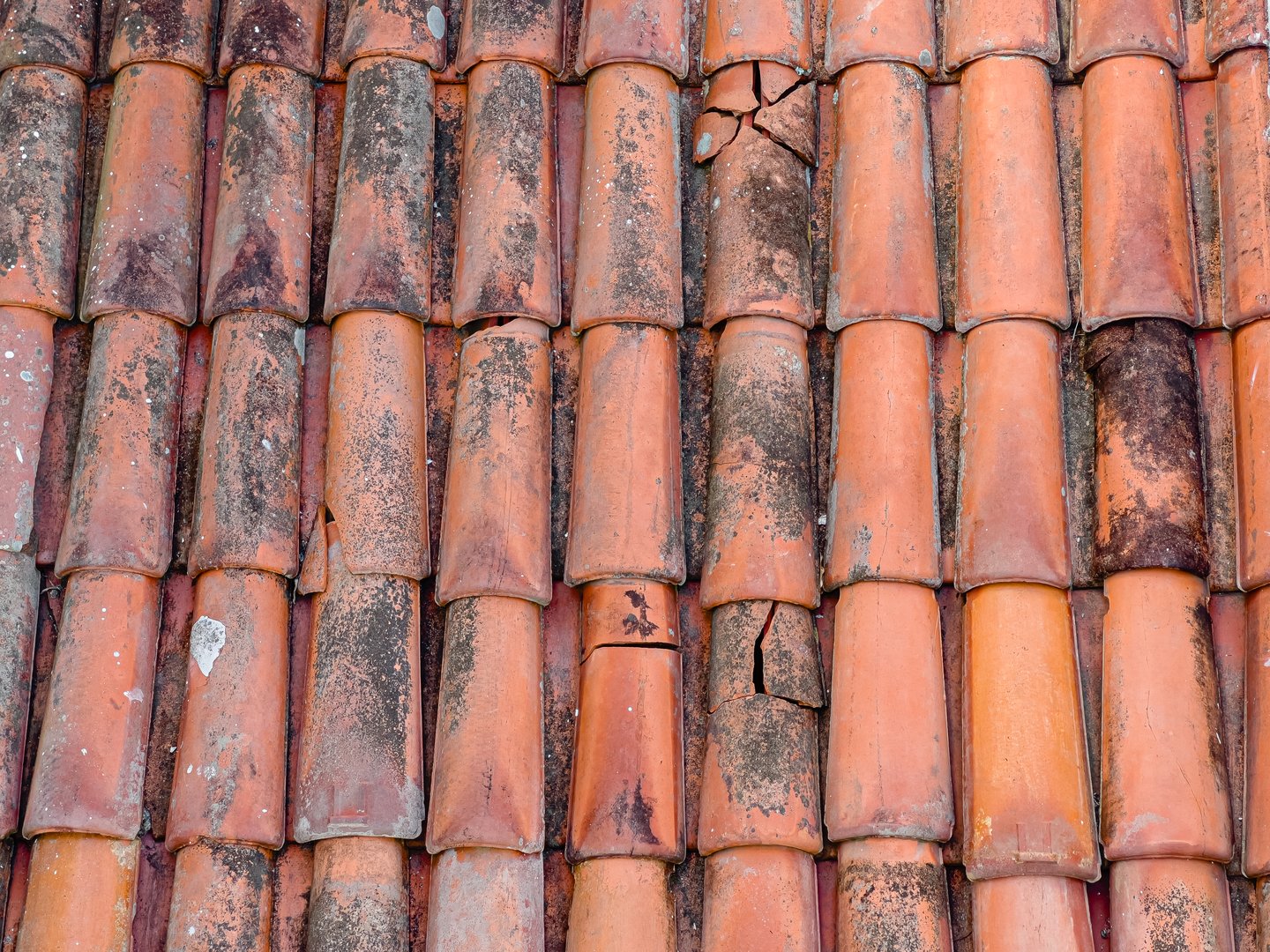 High-resolution close-up of vintage terracotta roof tiles, featuring heavy weathering, moss buildup, cracks, and erosion. Ideal for use in architecture, background design, and restoration visuals.