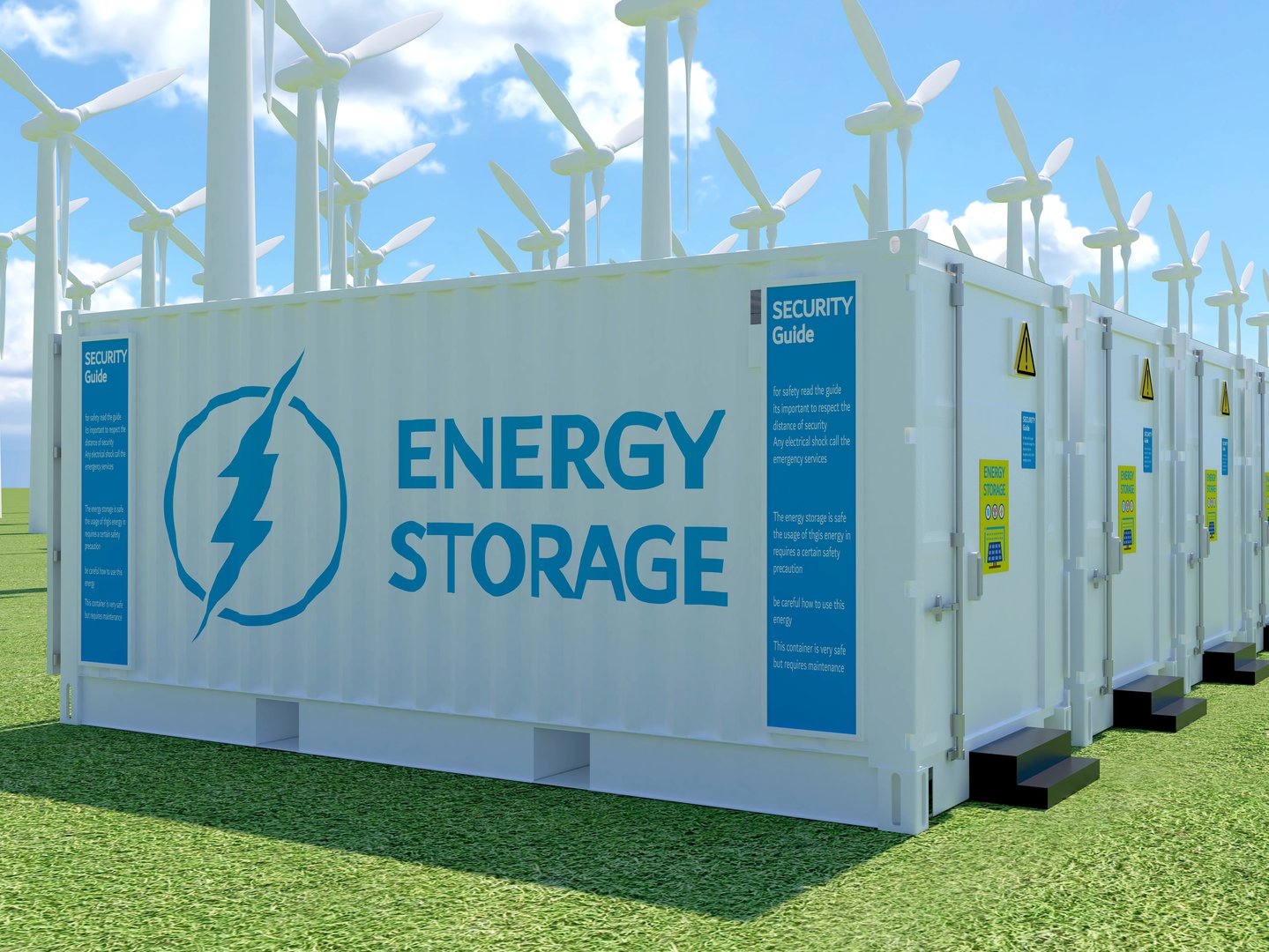 Rechargeable Battery energy storage system containers provide sustainable and renewable power electricity near wind turbine farms. 3d rendering illustration