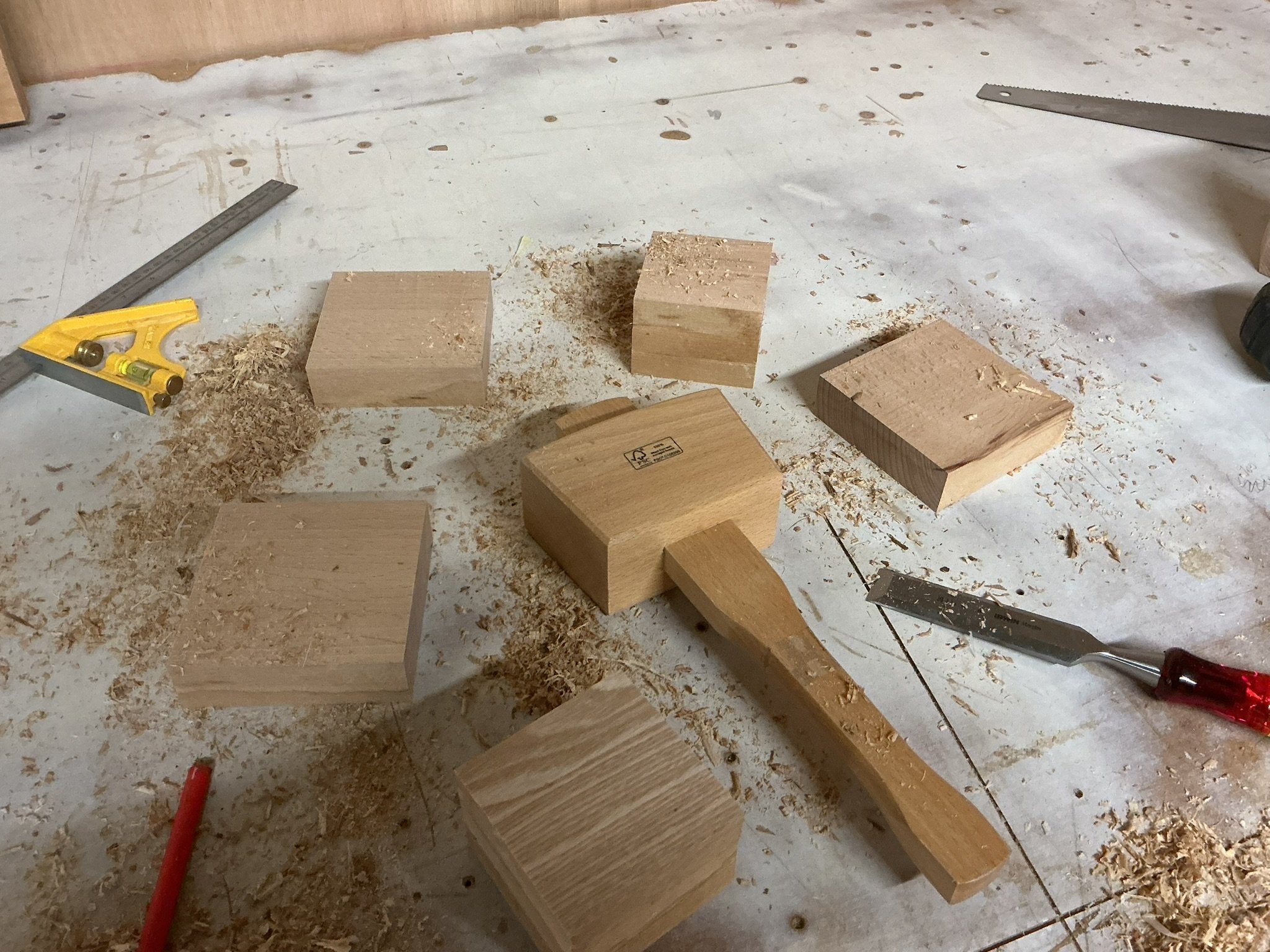 Top view of a traditional carpenter tools and wood shavings on wooden background with Copy space