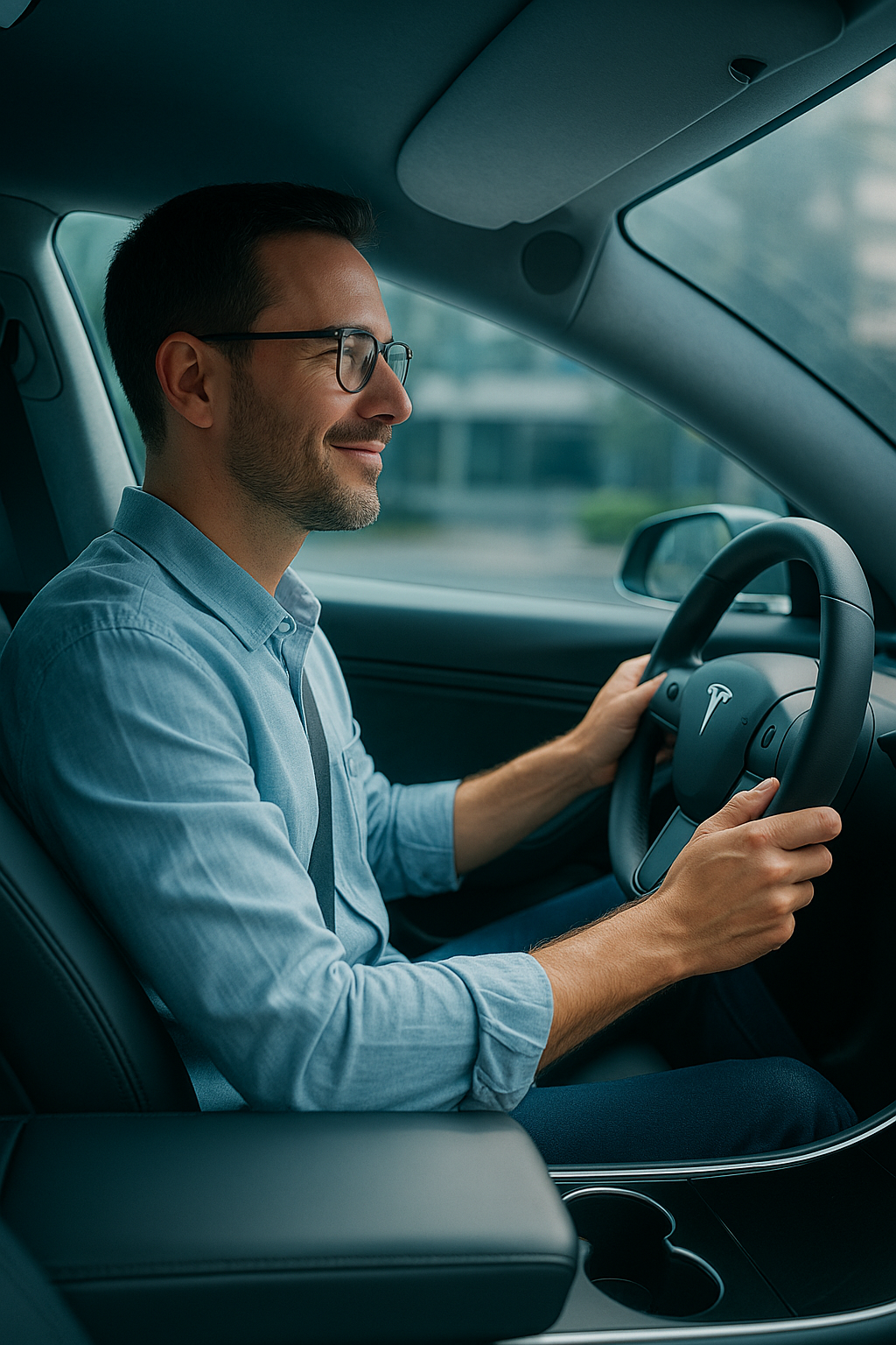 Man in glasses smiling while driving a car, focused on steering wheel. Interior view with modern dashboard visible.