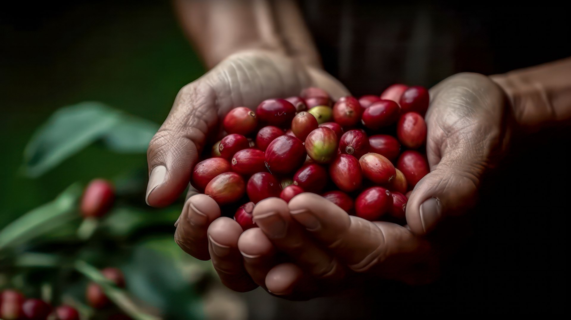 Harvested coffee in hands
