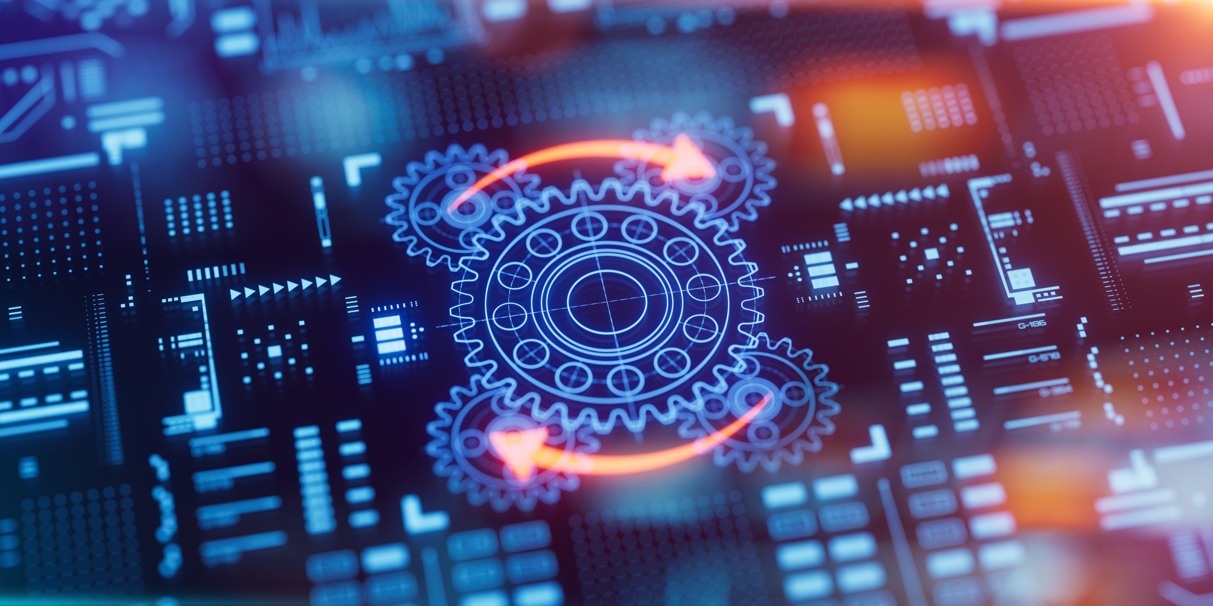 Gears icon on a digital display with reflection. Concept of business process workflow optimisation and automation, digital transformation, robotic process automation and flowing process management.