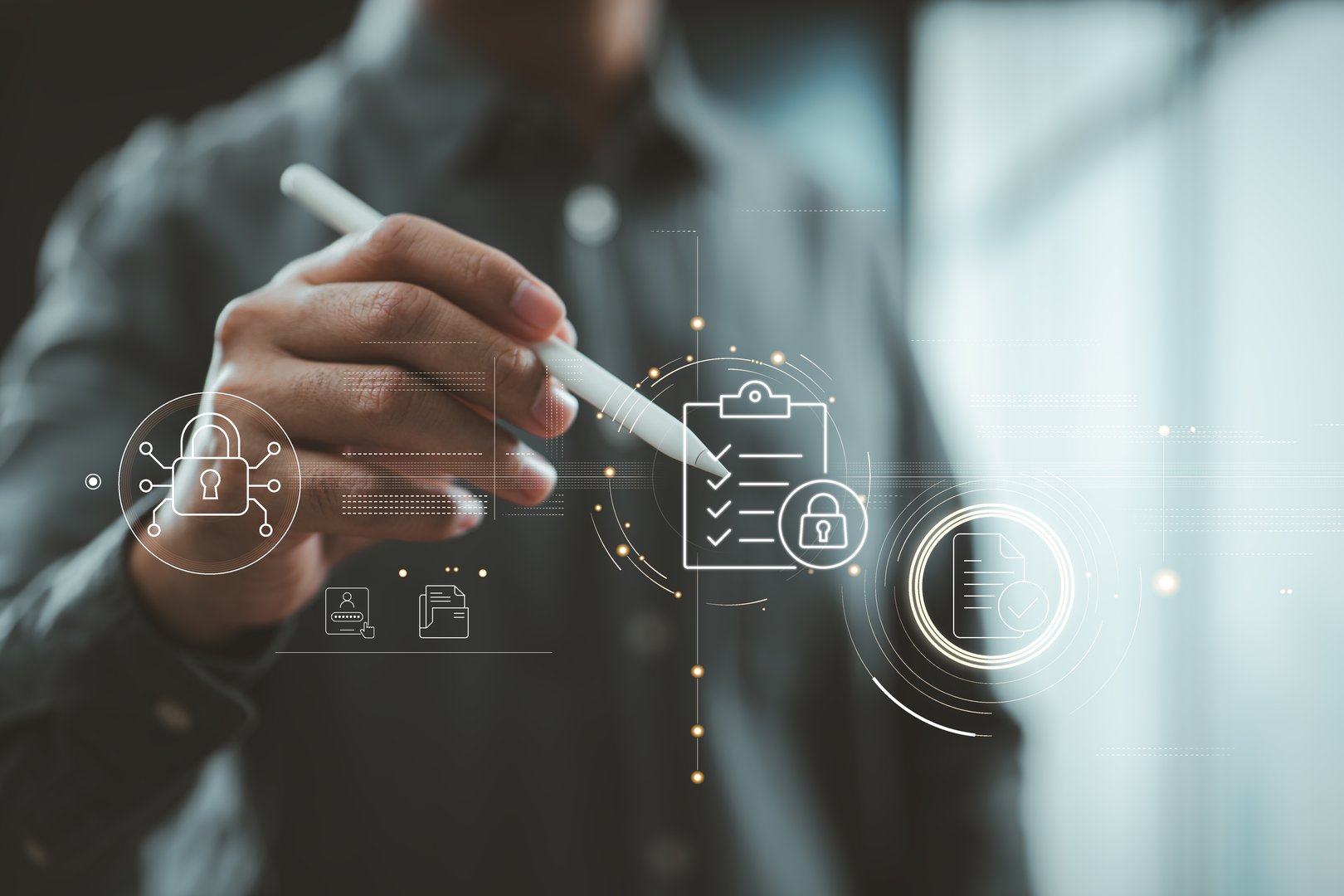 Hand holding stylus interacting with digital checklist and security lock icons on futuristic interface.