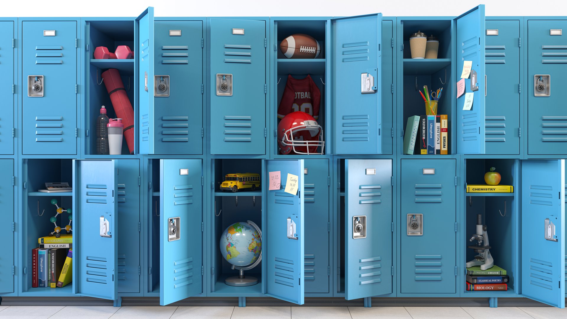 Student lockers at school. School lockers with open doors and student equipment, items and accessories for education and sport. 3d  illustration