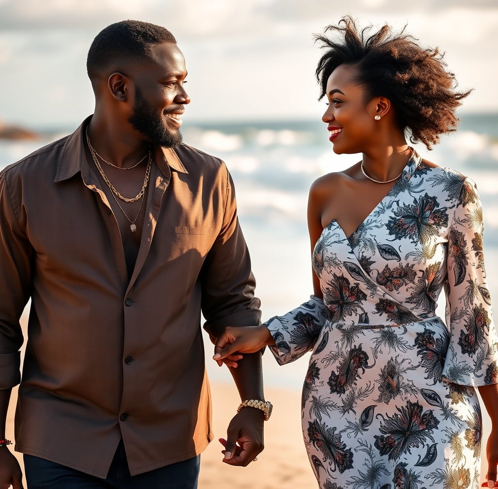 A couple walks hand in hand on the beach, smiling at each other, with waves in the background. The woman wears a floral dress.