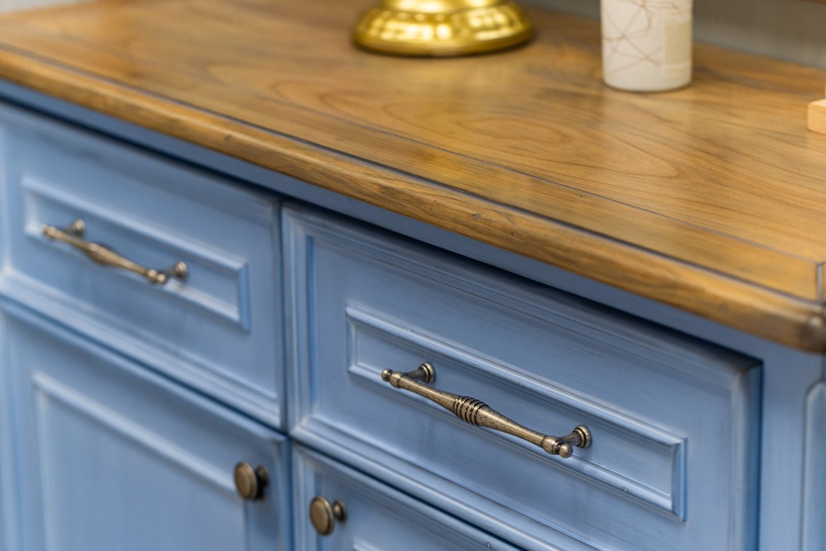 Vintage Grey-Blue Dresser Drawer with Classic Brass Handle