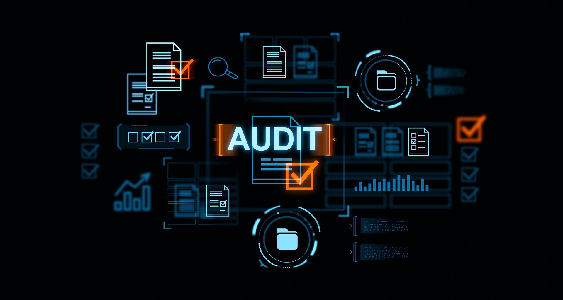 Glowing audit hologram hud with files and documents, check mark and statistics. Concept of business evaluation process, market data report analysis and certification. 3D rendering illustration