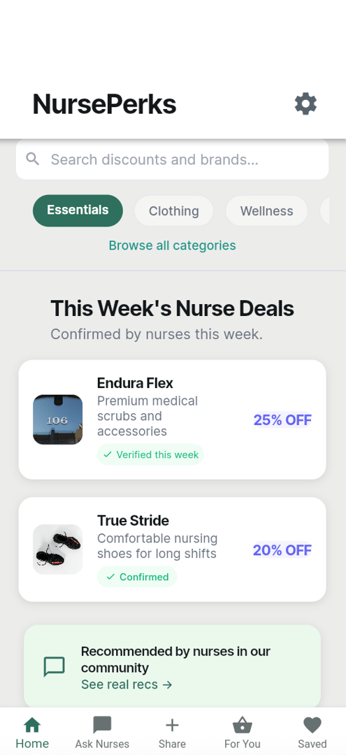 NursePerks home feed showing nurse-approved product lists with bottom navigation