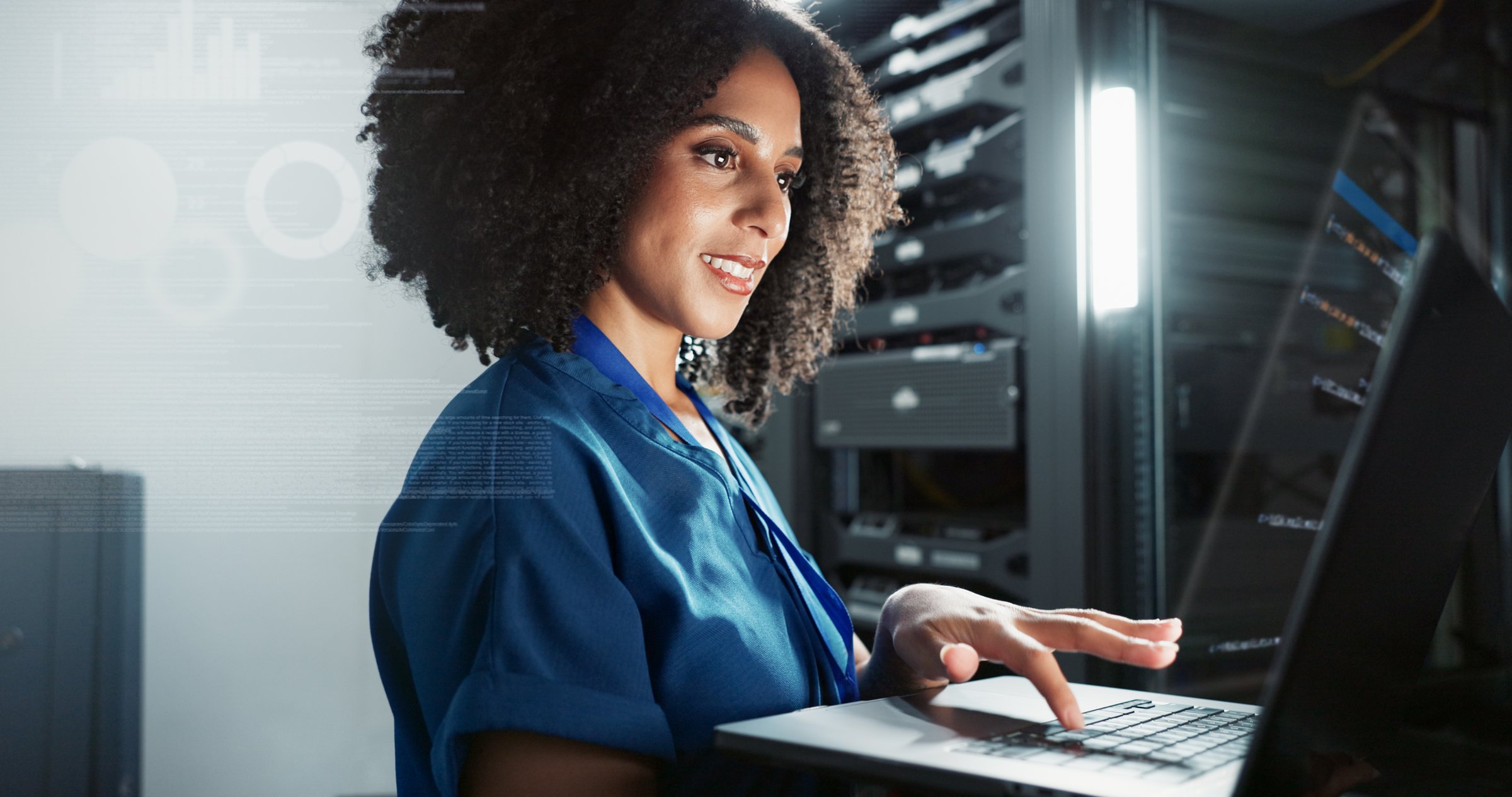 Laptop, data center and technician programming software, update or system analysis overlay. Technology, server room and woman on database for information, cyber security or code for cloud computing
