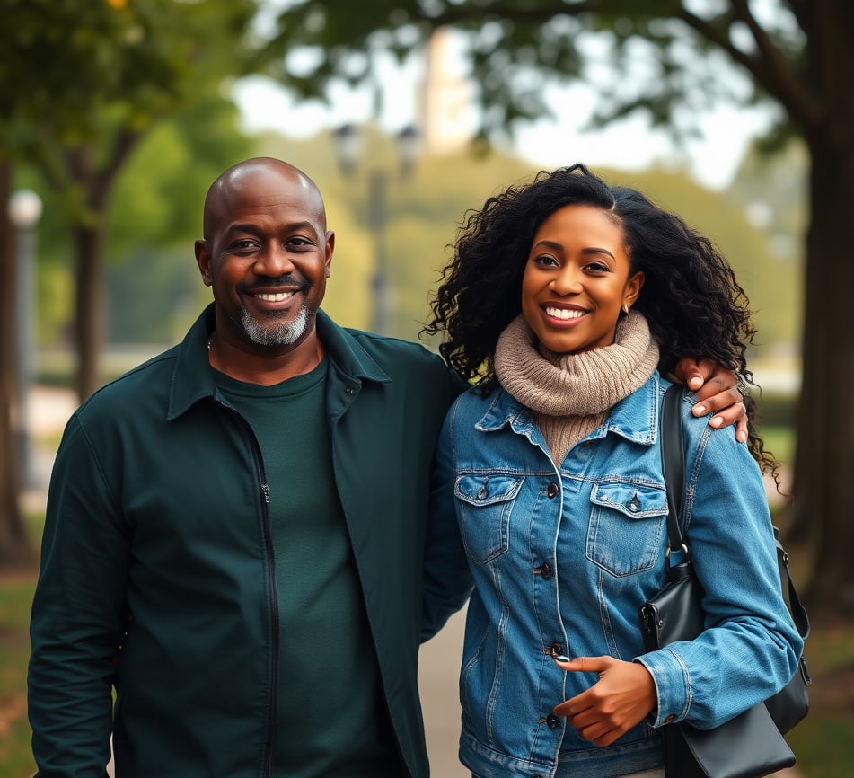 A man and woman smiling while walking outdoors on a tree-lined path, wearing casual jackets.