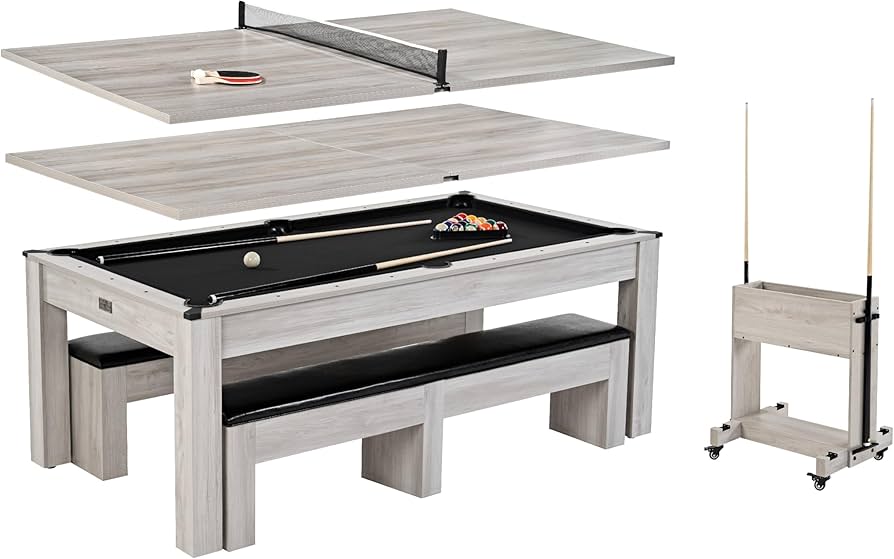 Convertible table with billiards and ping pong setups, including benches and accessories, in a rustic wood finish.