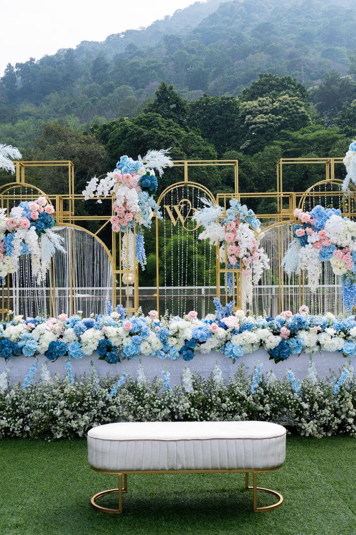 Conceptual wedding decoration. Inspirational with pastel flower colour and white chair. Dinner. Family gathering decoration concept.