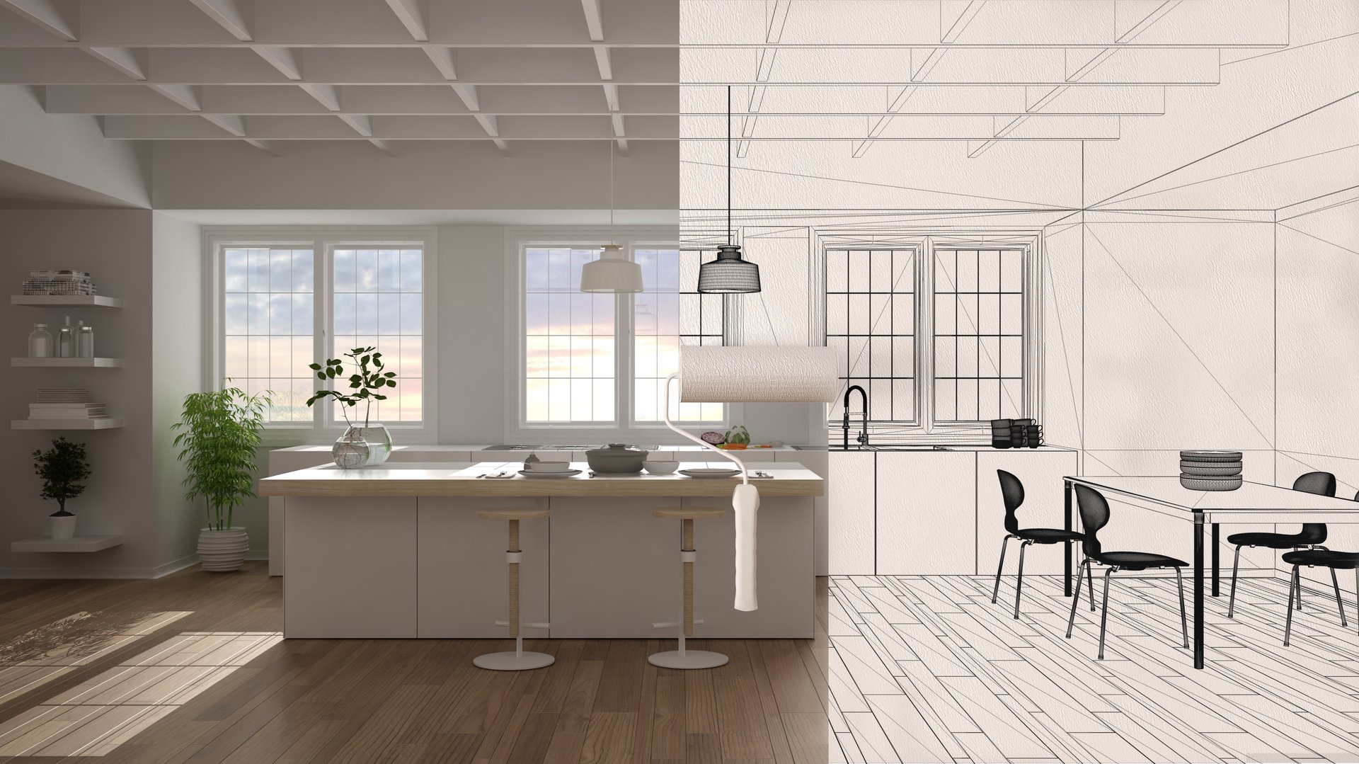 Paint roller painting interior design blueprint sketch background while the space becomes real showing modern kitchen. Before and after concept, architect designer creative work flow