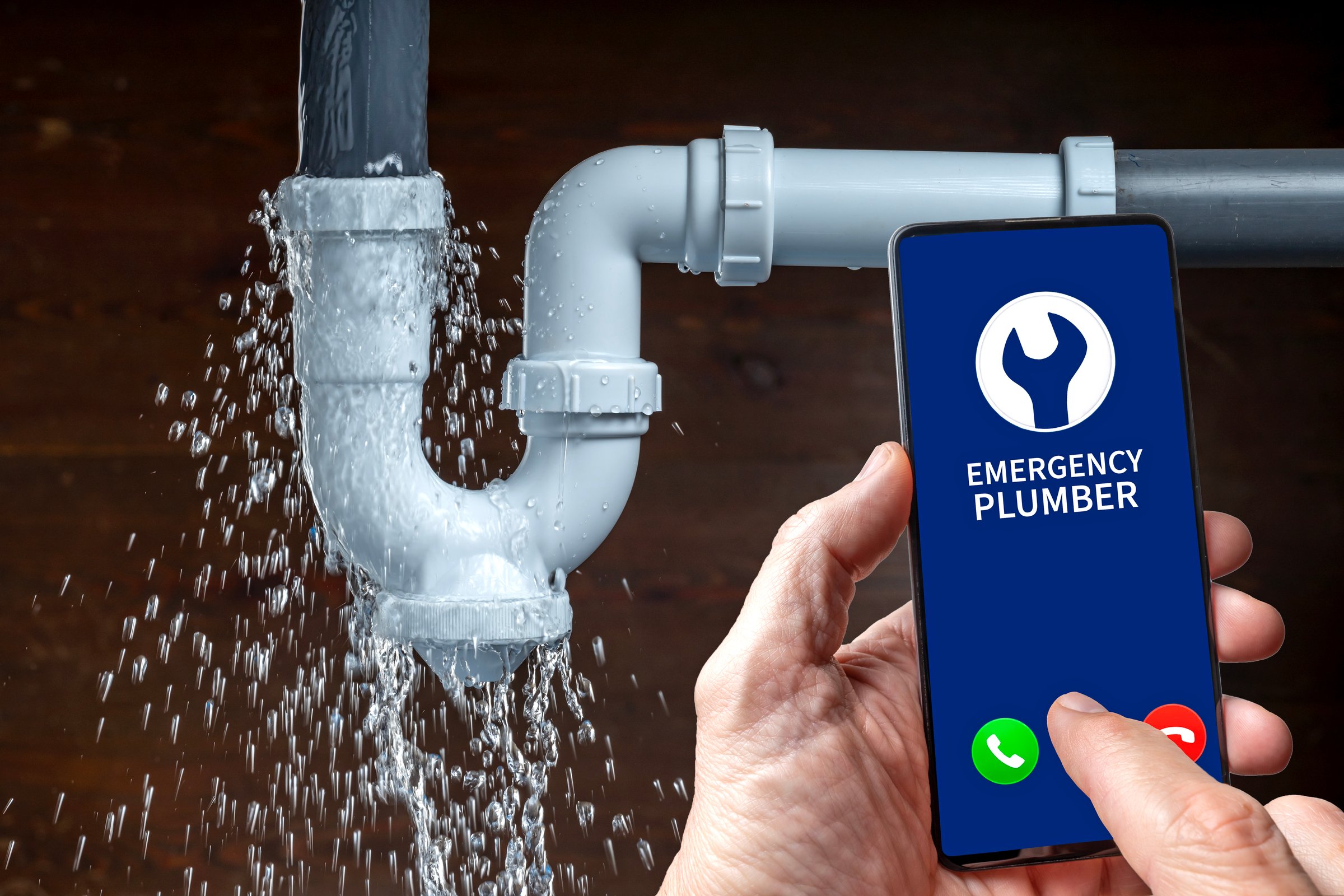 Close-up of hand holding a smartphone calling for emergency plumber service while a pipe is leaking water