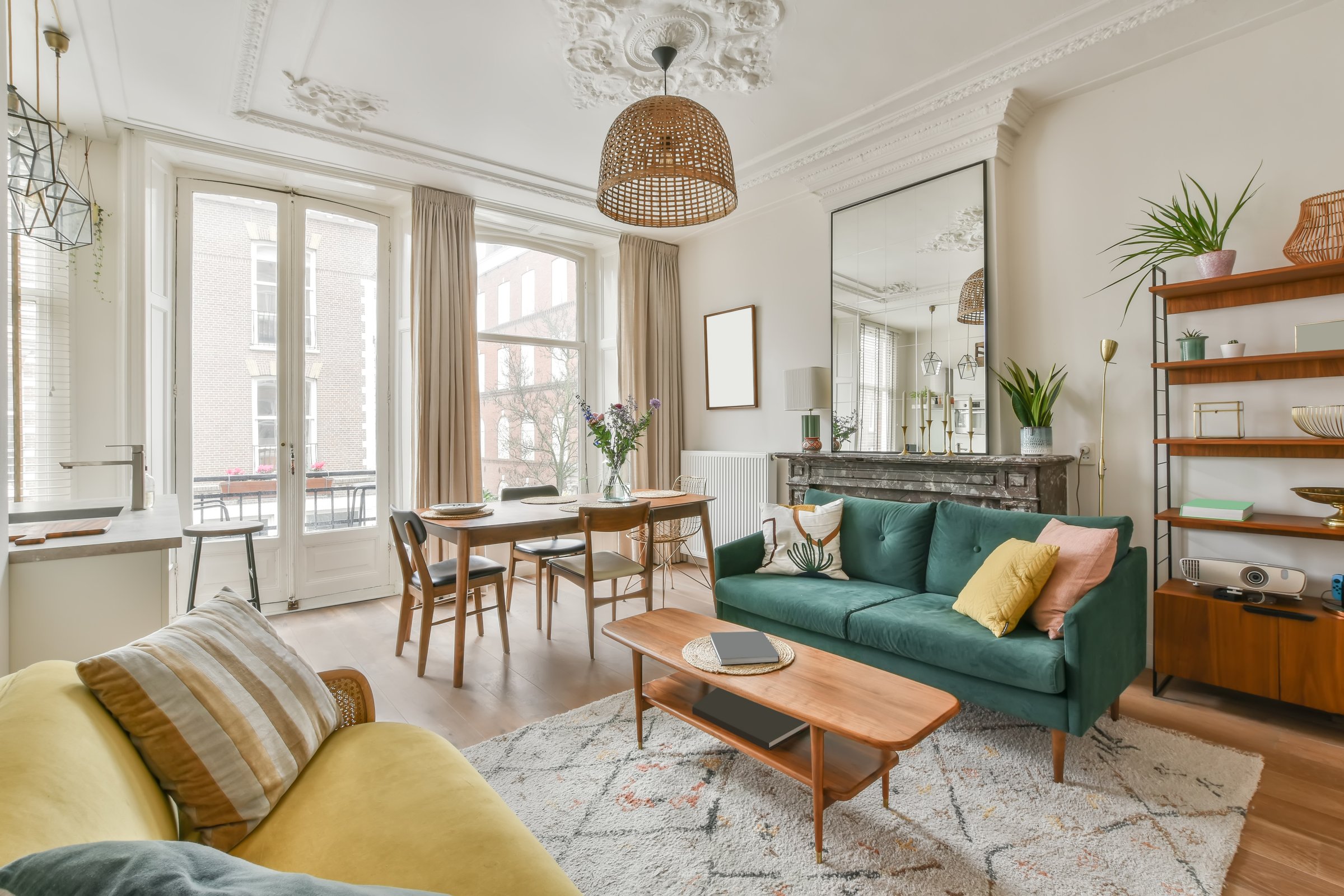 The rich interior of the living room of a modern house combined with a dining area