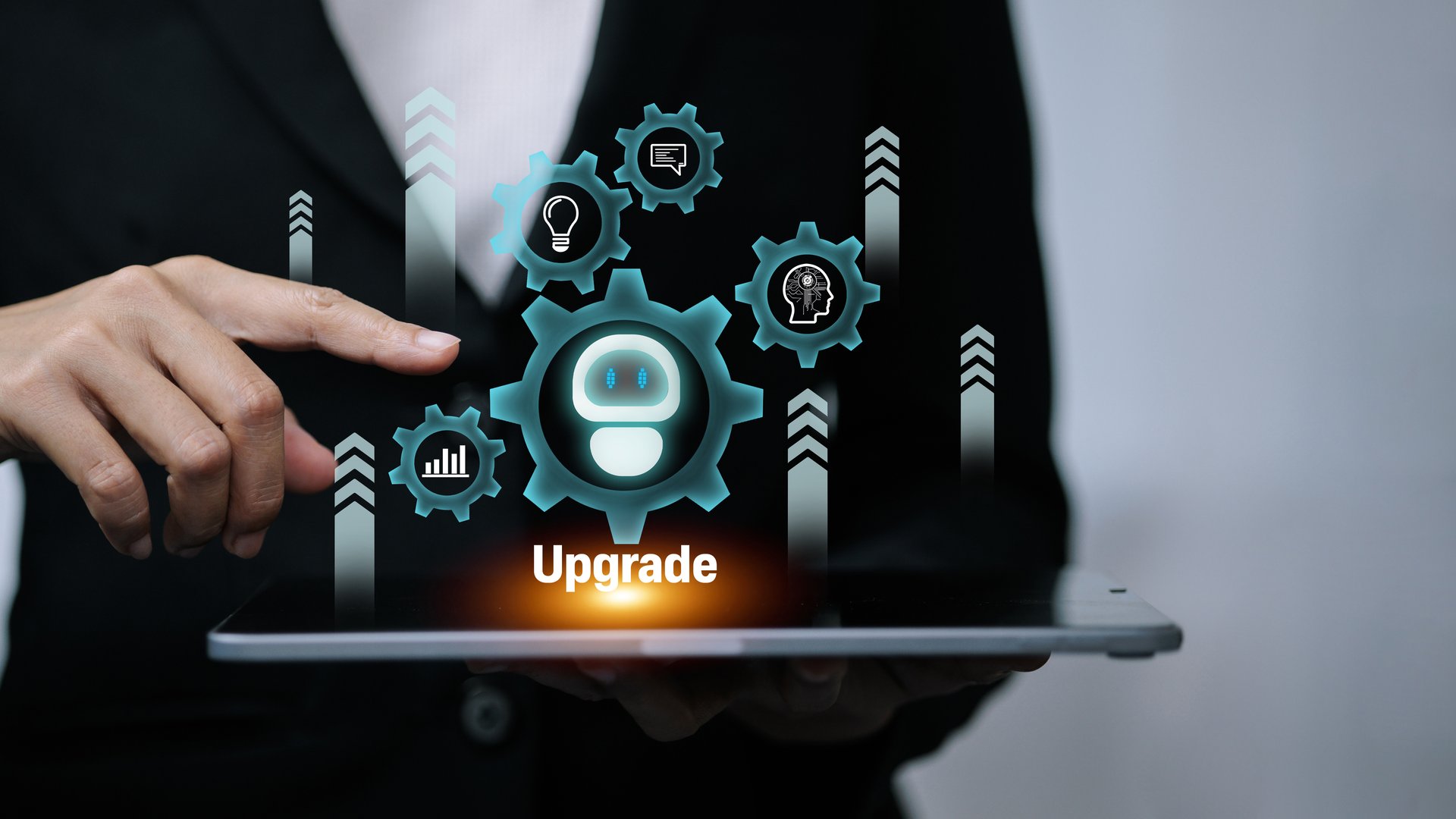 Businessman pointing at AI upgrade icon on virtual interface with innovation symbols, artificial intelligence improvement, digital technology growth, and smart system concept.