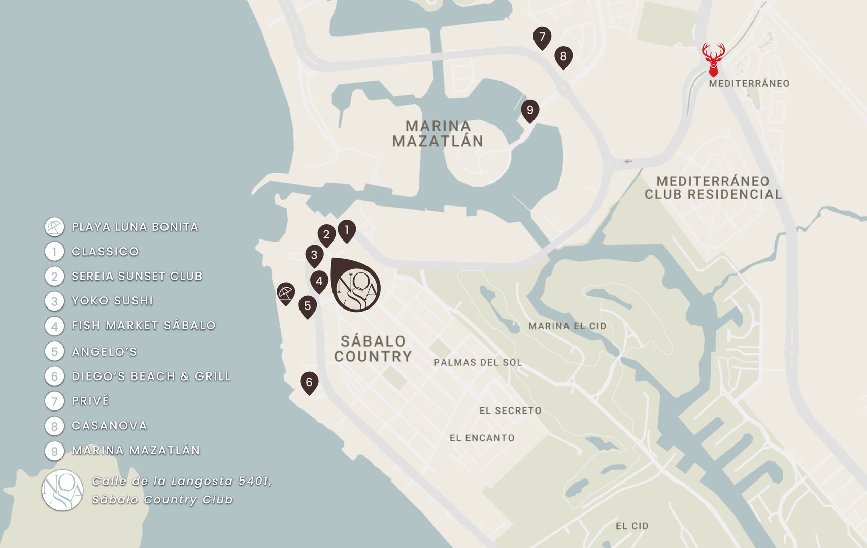 Mapa de ubicación Nossa Luxury Lofts con sitios de interés en Mazatlán