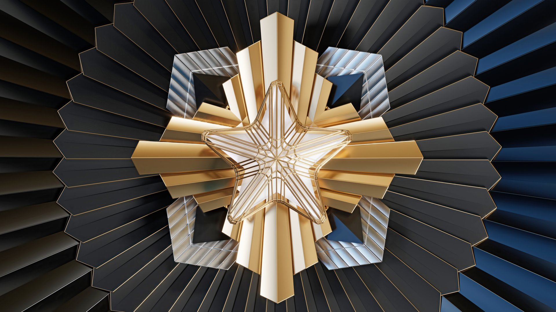 3D glass star icon. Golden elements, Retro futuristic style. 3d illustration
