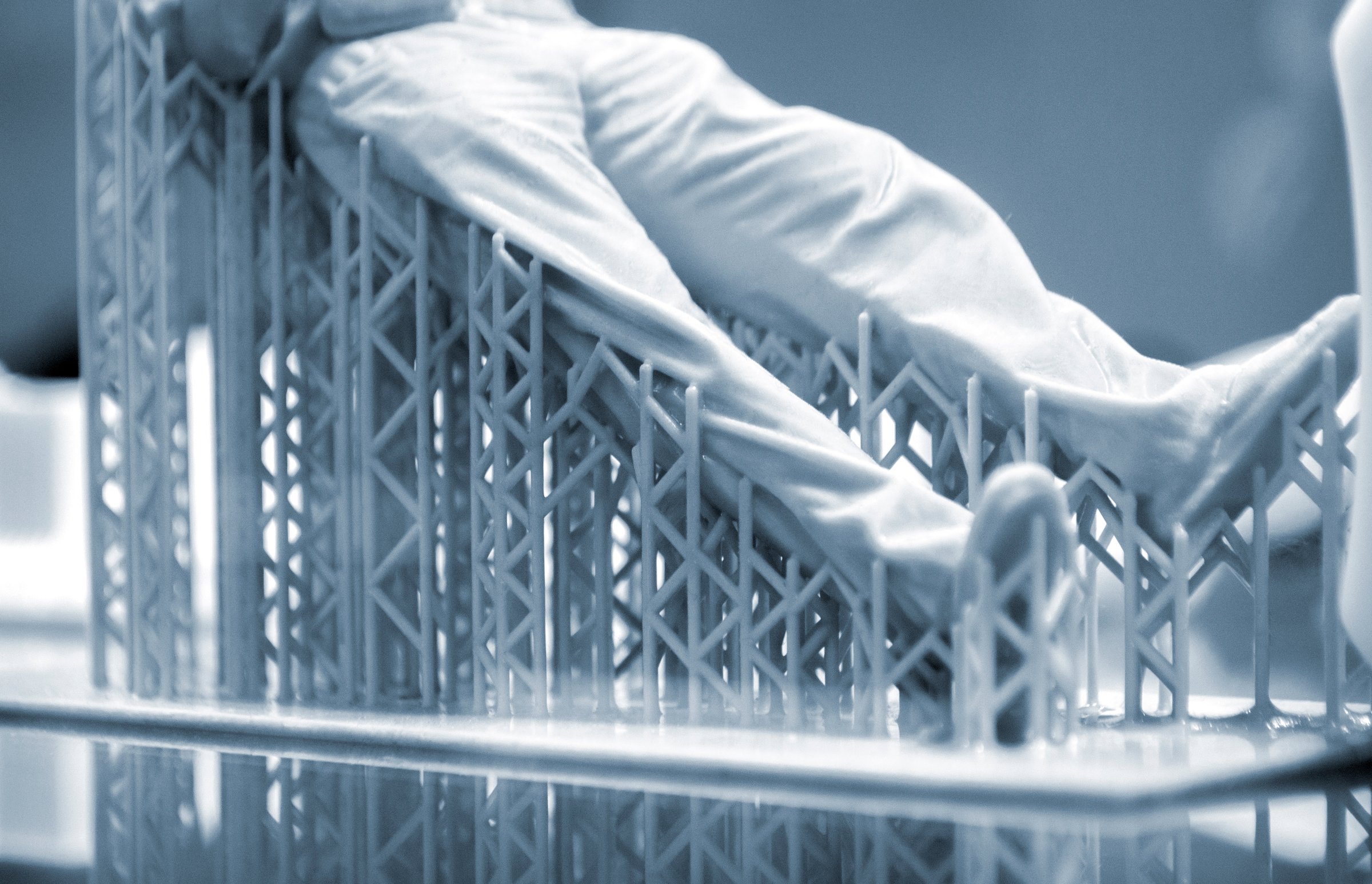 Model body of man printed on 3d printer. Object photopolymer printed on stereolithography 3D printer. Technology of liquid photopolymerization under UV light. New additive 3D printing technology