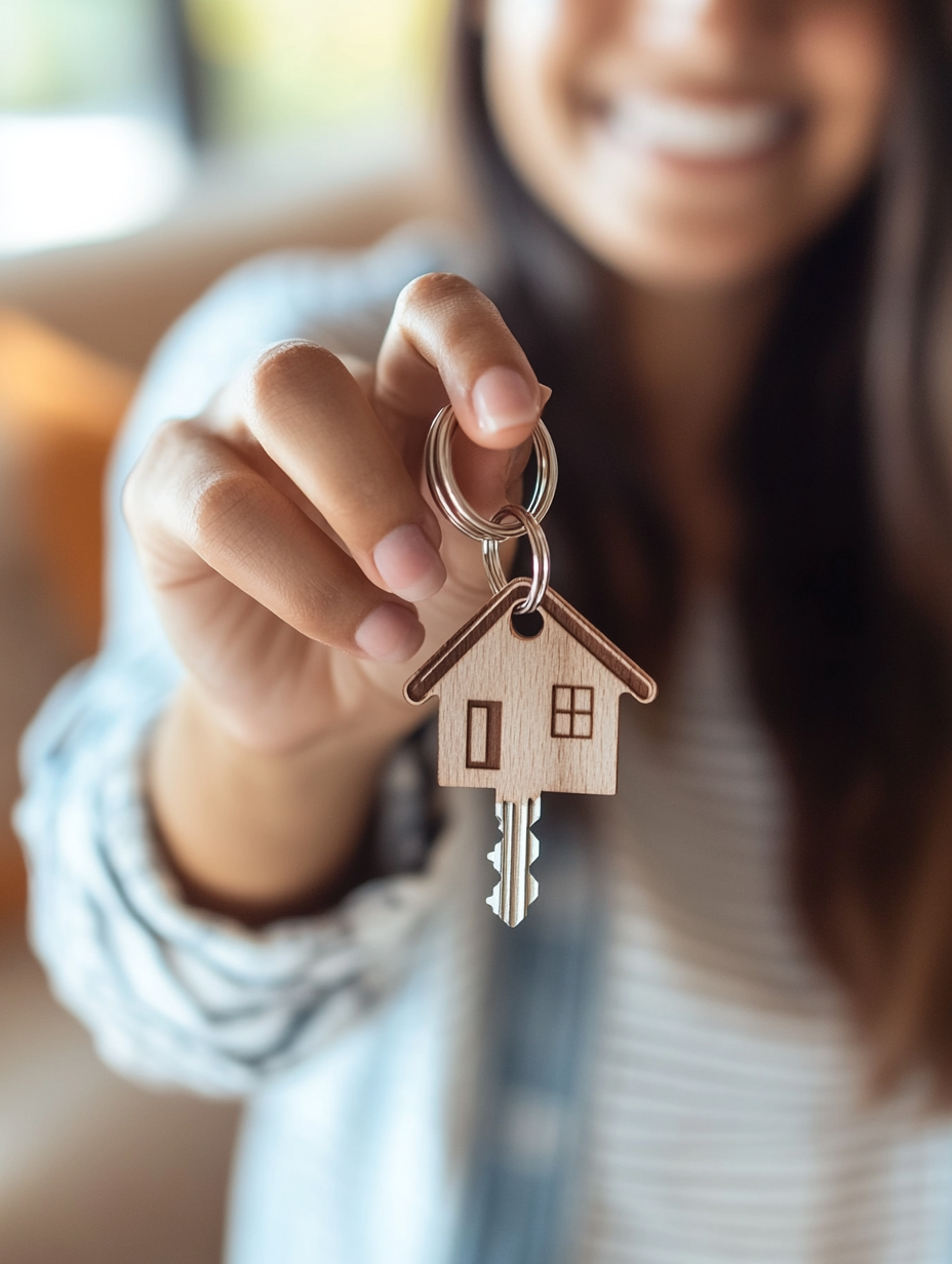 A person holding a house-shaped keychain with a key attached, symbolizing homeownership.