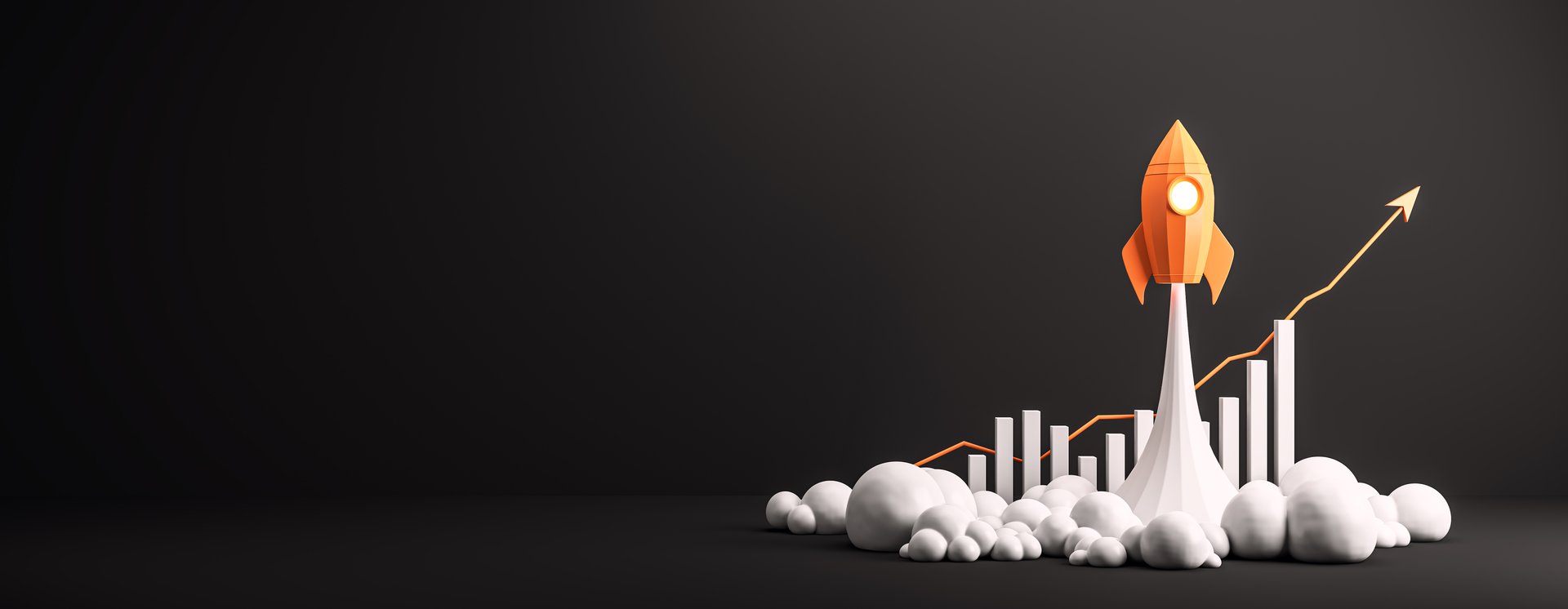 Orange rocket launching among clouds with upward graph bars and arrow on black background. Concept of startup growth and success. 3D Rendering