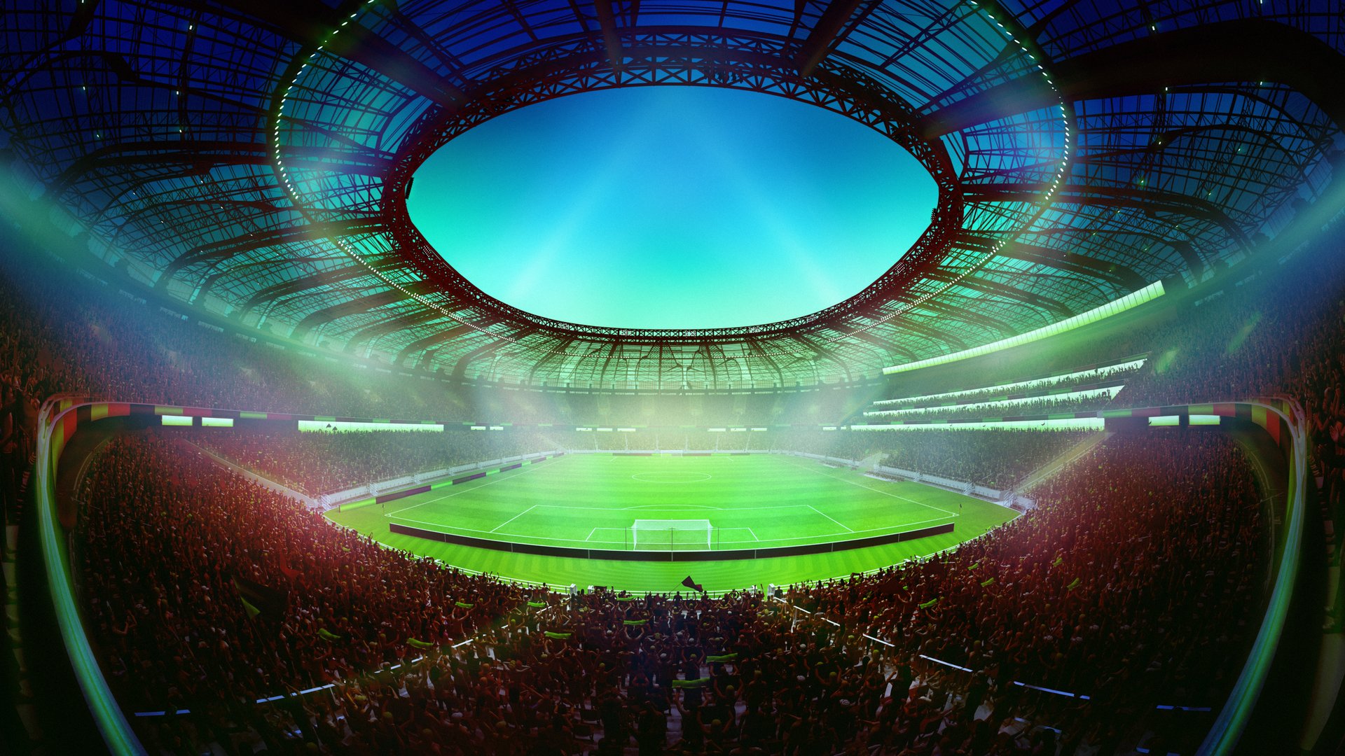 3D render. Wide angle view of soccer arena with green flashlight effect illuminates full stadium with packed crowd and glowing sky. Fish eye effect. Concept of sport, event, championship.