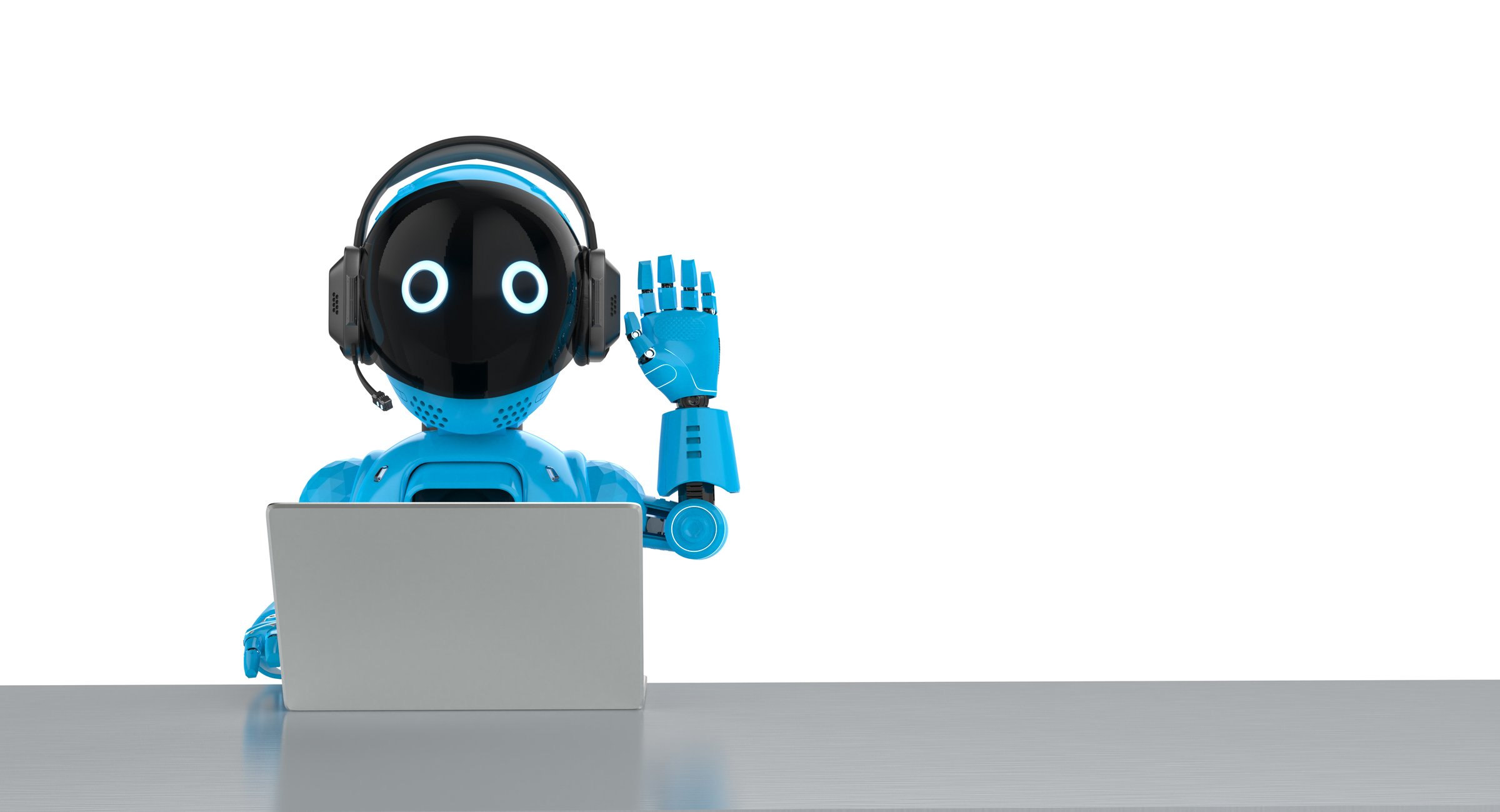 Cute and small 3d rendering artificial intelligence personal assistant robot with computer notebook