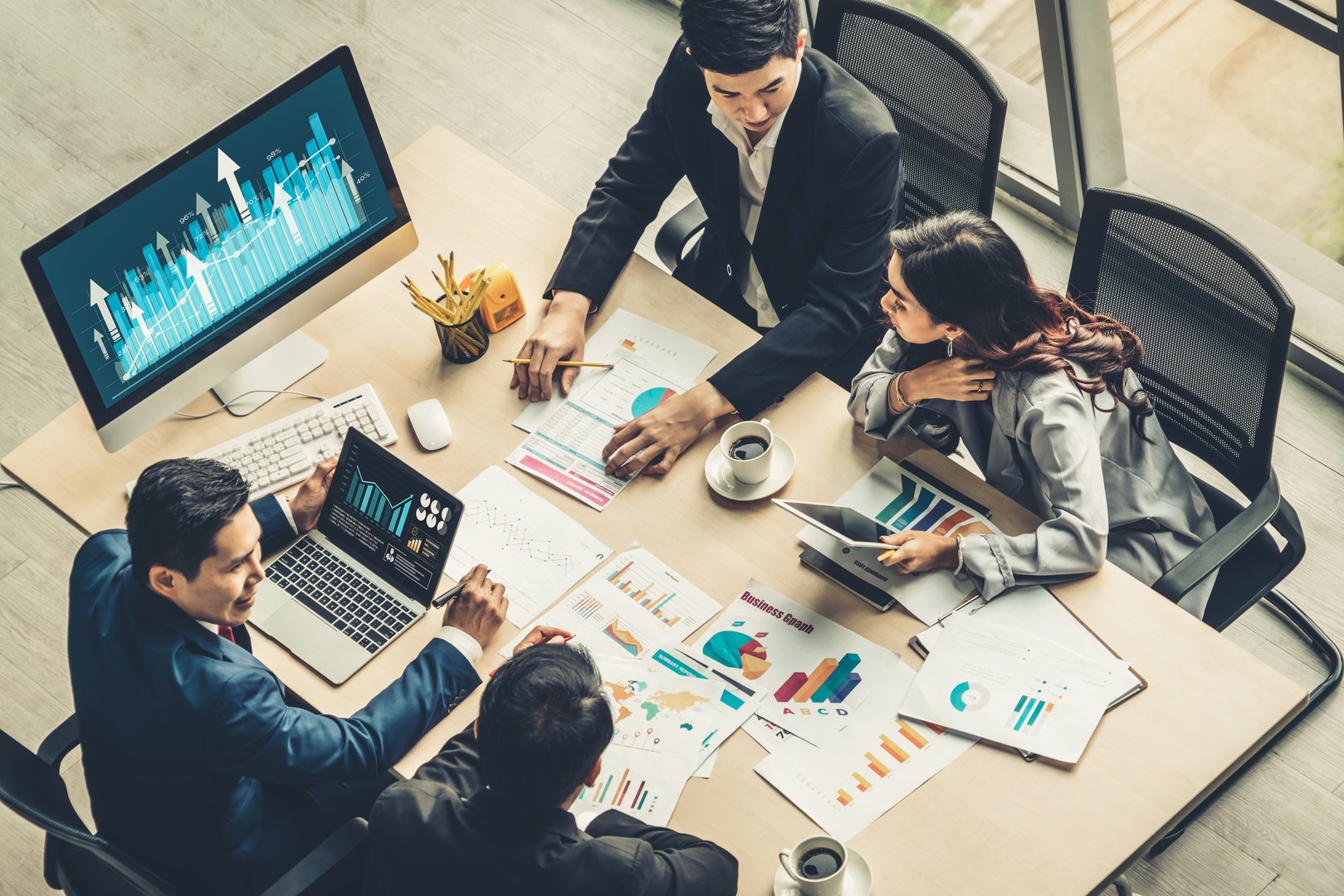 Business visual data analyzing technology by creative computer software . Concept of digital data for marketing analysis and investment decision making .