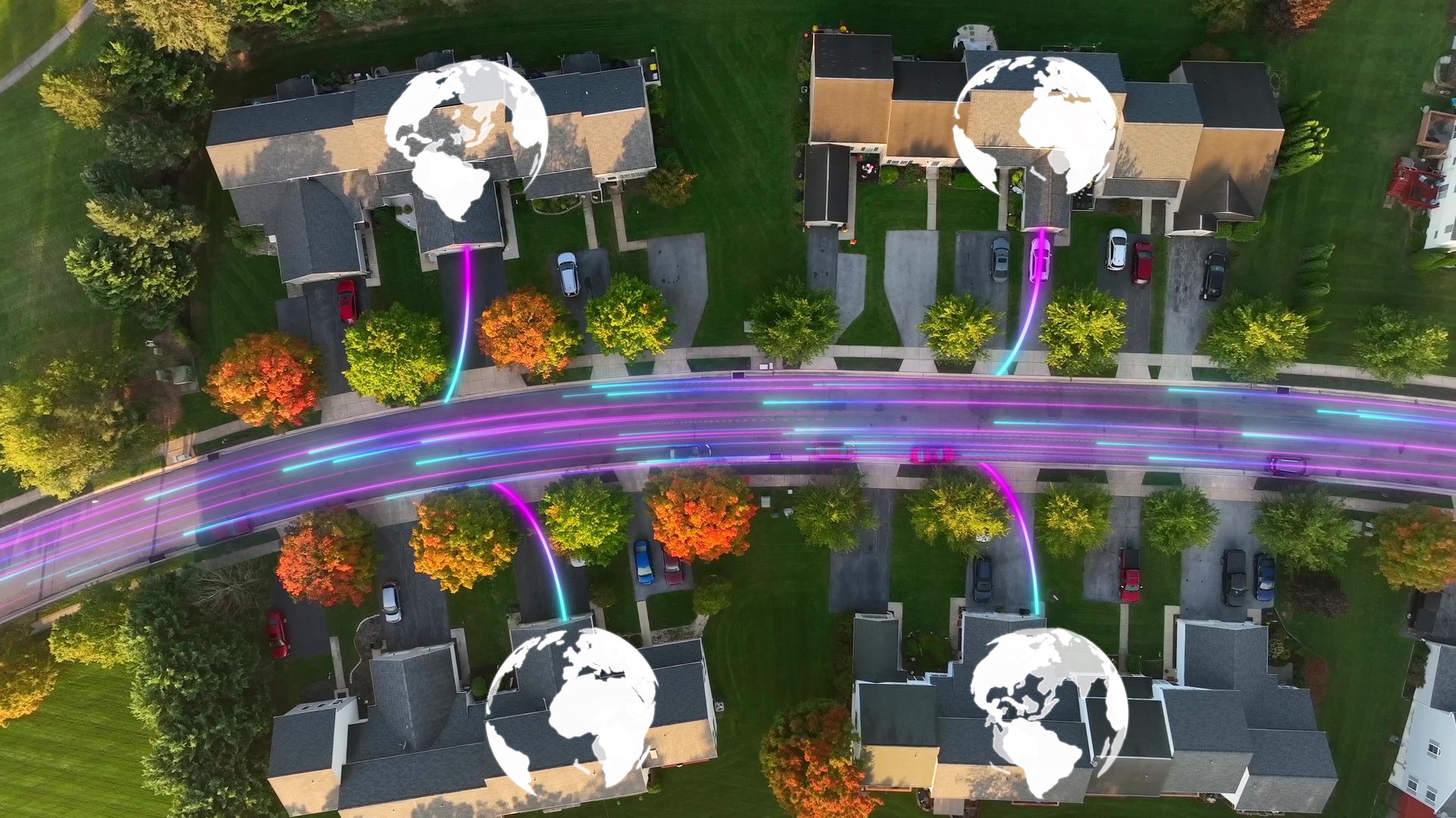 Smart American homes connected to Internet. Modern suburban neighborhood houses with ultra speed global network connection. Graphic 3D render
