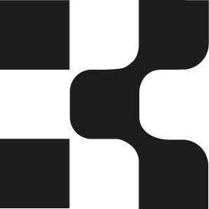 Symmetrical geometric design with four black squares and curved connections forming an X shape on a white background.