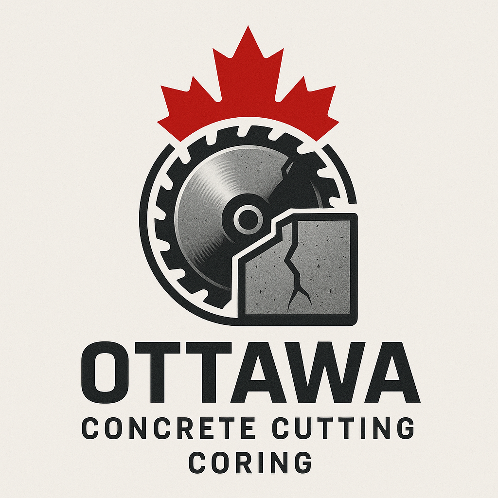 Logo featuring a saw blade with a red maple leaf, a cracked concrete block, and the text Ottawa Concrete Cutting Coring.