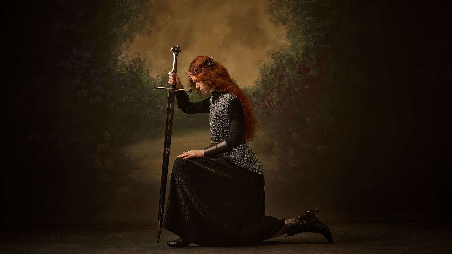 Pensive warrior princess, woman kneeling with sword, in contemplative pose against vintage background. Concept of historical and modern times, beauty and fashion. Ad