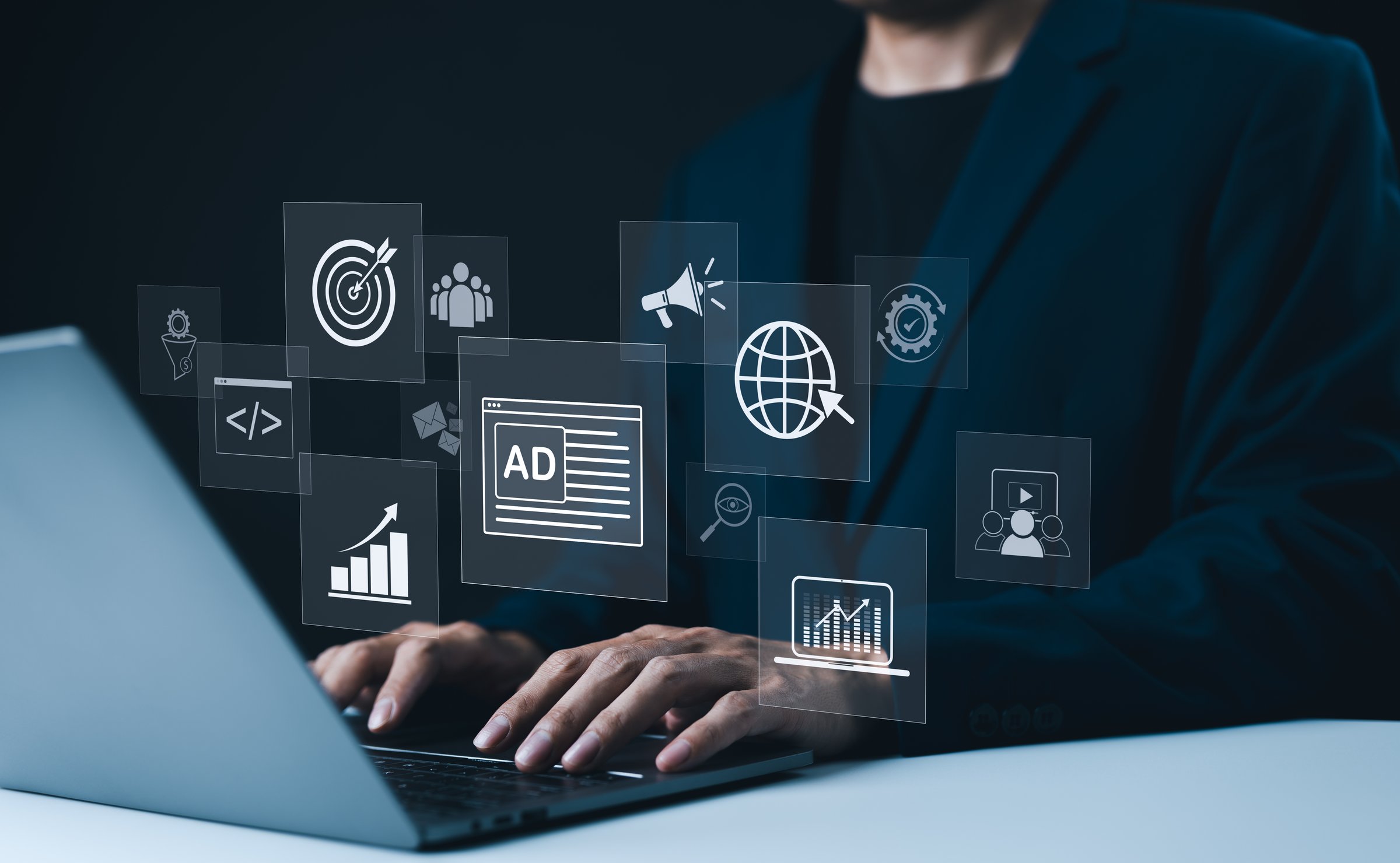 Digital Marketing Concept. Businessman working on laptop with digital marketing icons online advertising, global communication, and data analytics. AD, Product Ads, Pay per click, traffic to web,