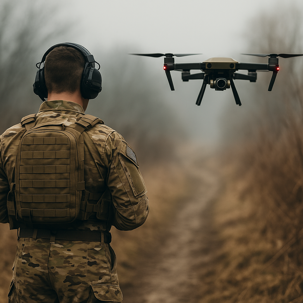 Soldier in tactical gear controls a hovering drone on a foggy path surrounded by dry grass.