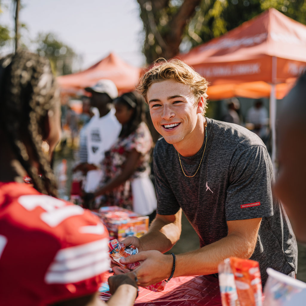Young quarterback handing out school supplies at community event