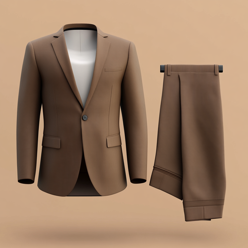 A brown suit jacket and matching trousers displayed against a beige background, showcasing formal attire.