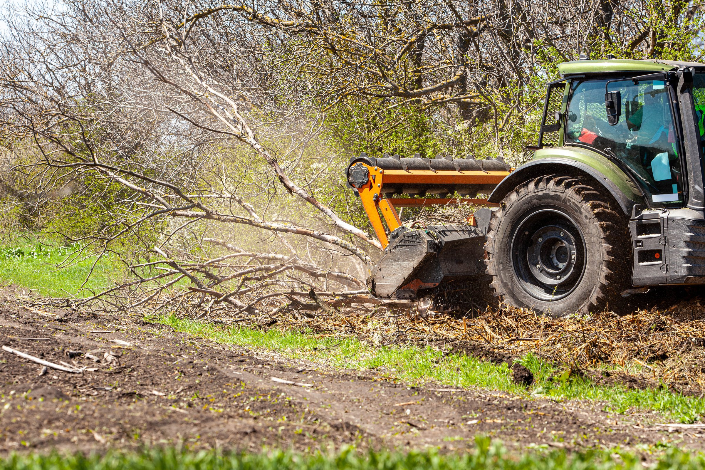 Picture of a tractor specialized in forest clearing that is in the process of destroying all the trees and bushes. Stop deforestation. Picture of a large tractor that destroys nature. High quality photo