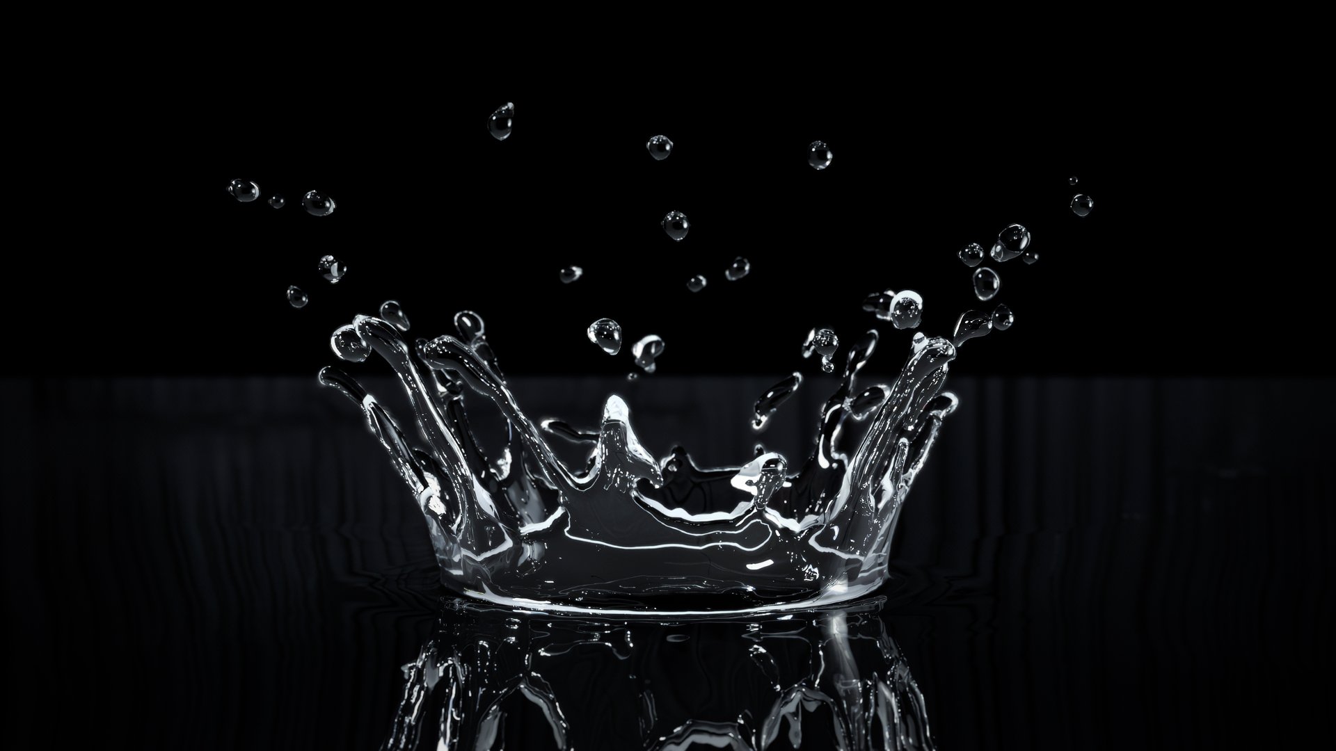 Closeup Water Droplet splashing on black background. 3D Render.