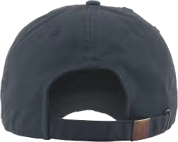 Back view of a navy blue baseball cap with an adjustable strap and metal buckle.
