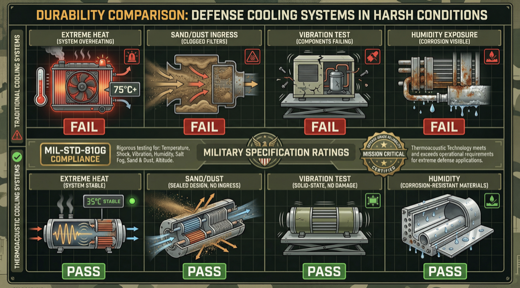 Military command center with thermoacoustic cooling in desert field conditions