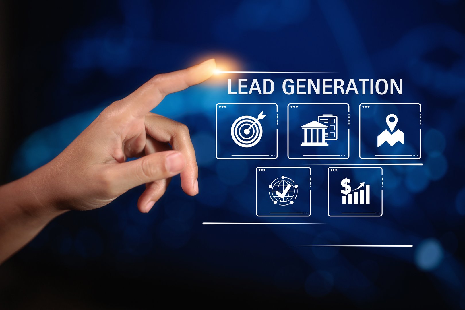 A hand pointing towards icons representing Lead Generation, symbolizing digital marketing and business growth strategies.