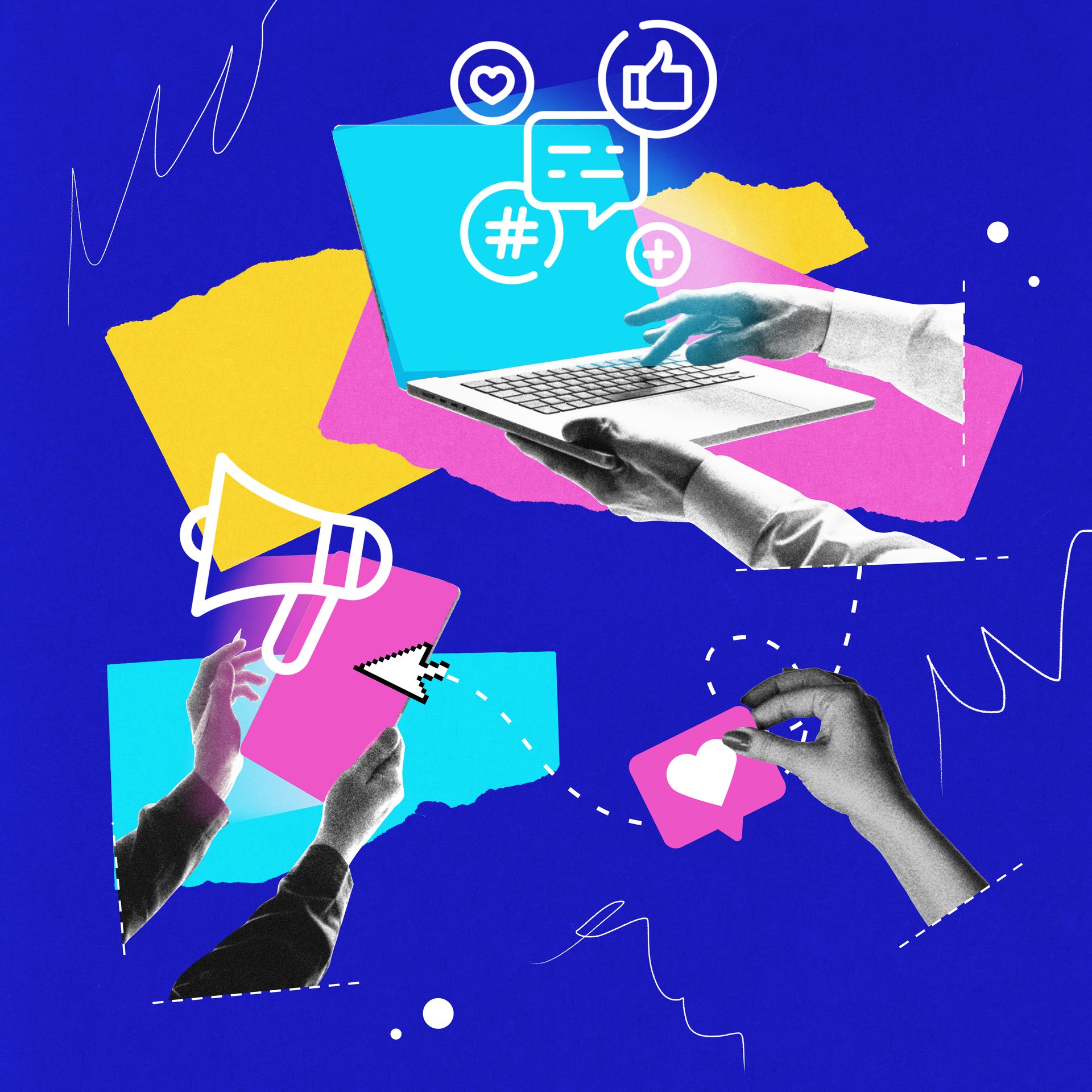 Hands interacting with digital elements, laptop, table, and social media icons against blue backdrop. Conceptual design. Influence marketing. Concept of digital marketing, social media. Noise effect