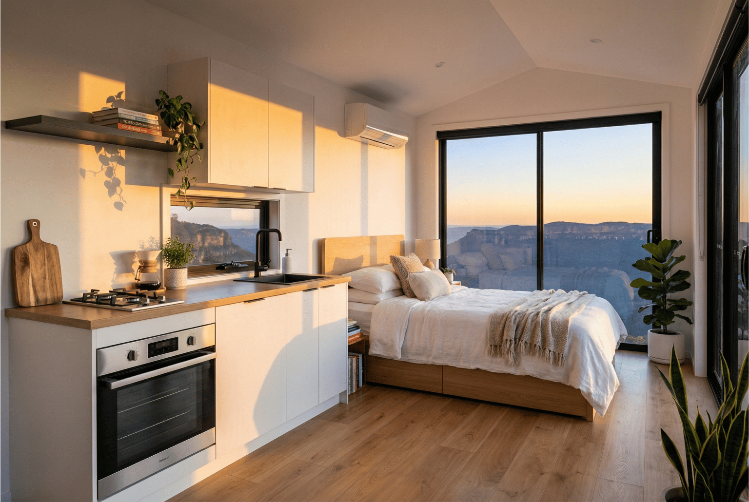 The Airlie tiny home interior render showing the compact yet functional living space with modern finishes and clever storage solutions