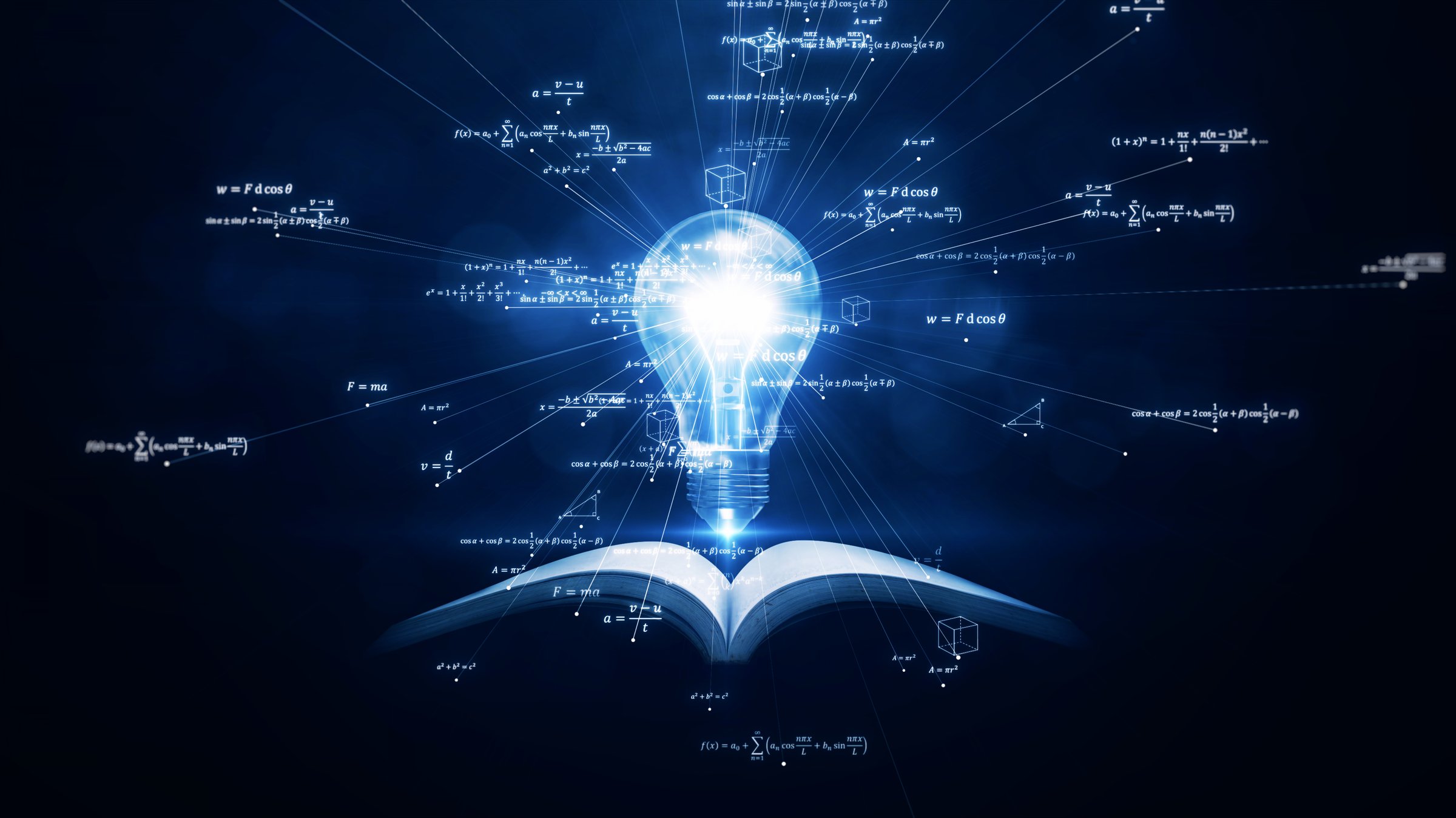 A glowing lightbulb emerges from an open book, symbolizing knowledge, intelligence, and innovation. Mathematical equations and digital graphics spread across a futuristic blue background.