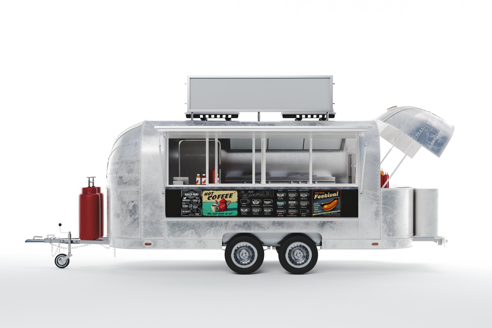 3D render of a mobile food court setup on a white background.