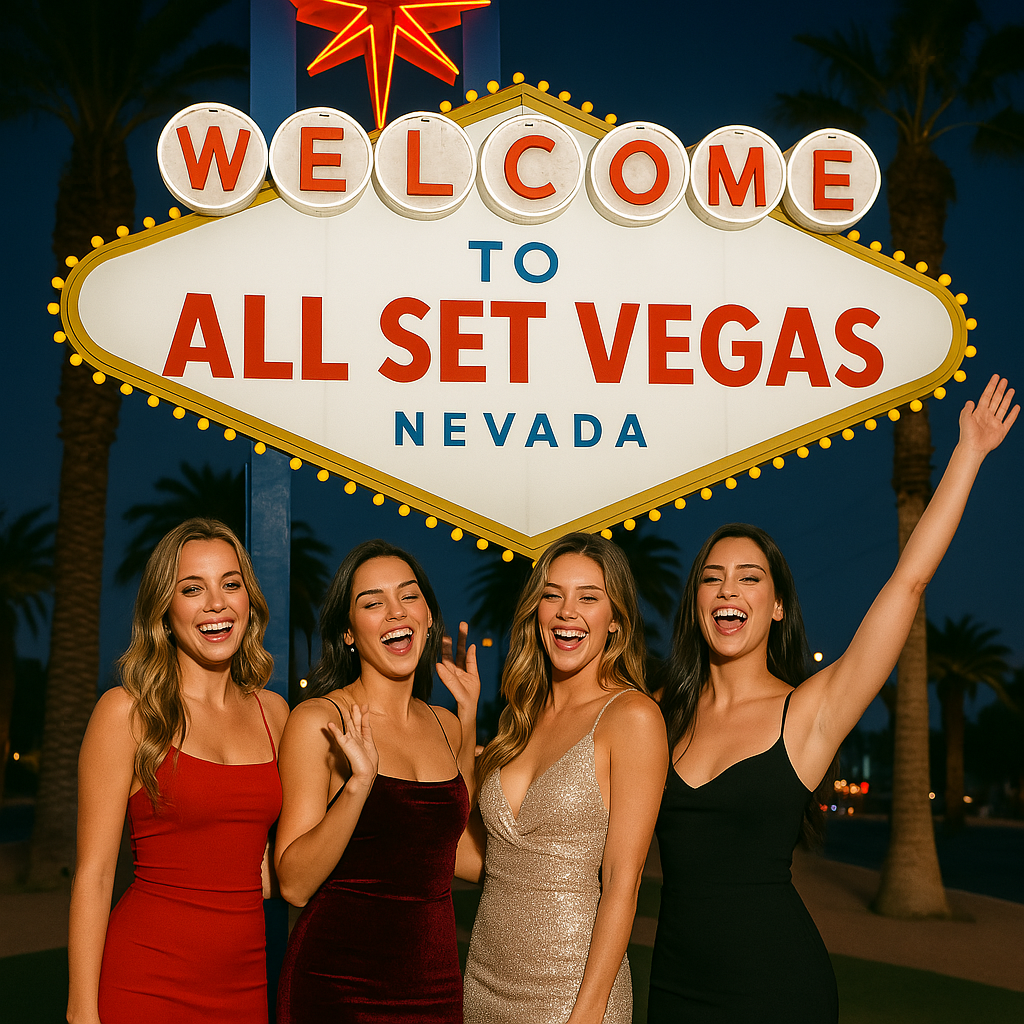 Four women in elegant dresses stand smiling in front of a "Welcome to All Set Vegas" sign at night.