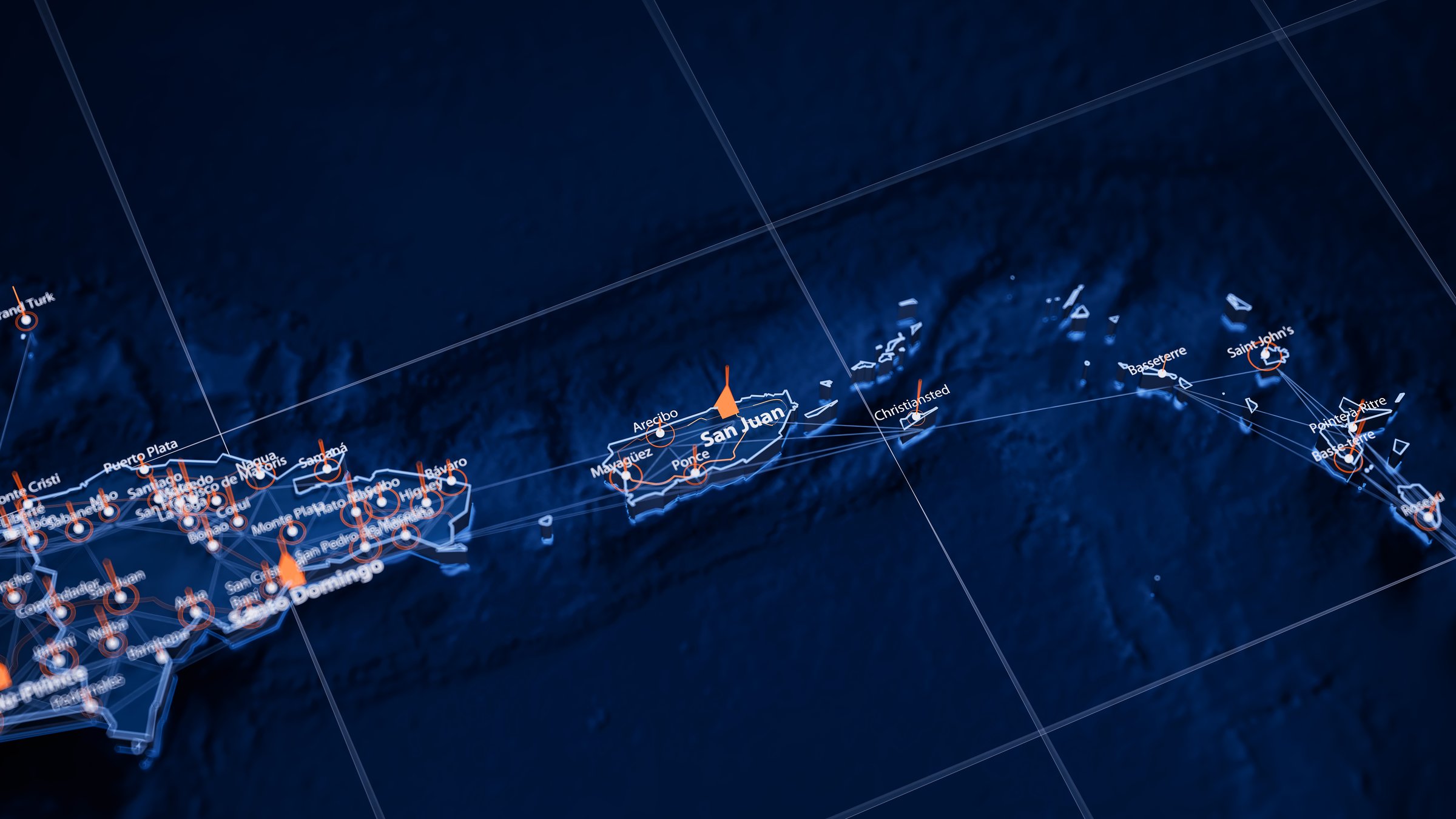 San Juan map big data visualization. Futuristic map infographic of city in Puerto Rico. Visual map data complexity in modern blue and orange colors.